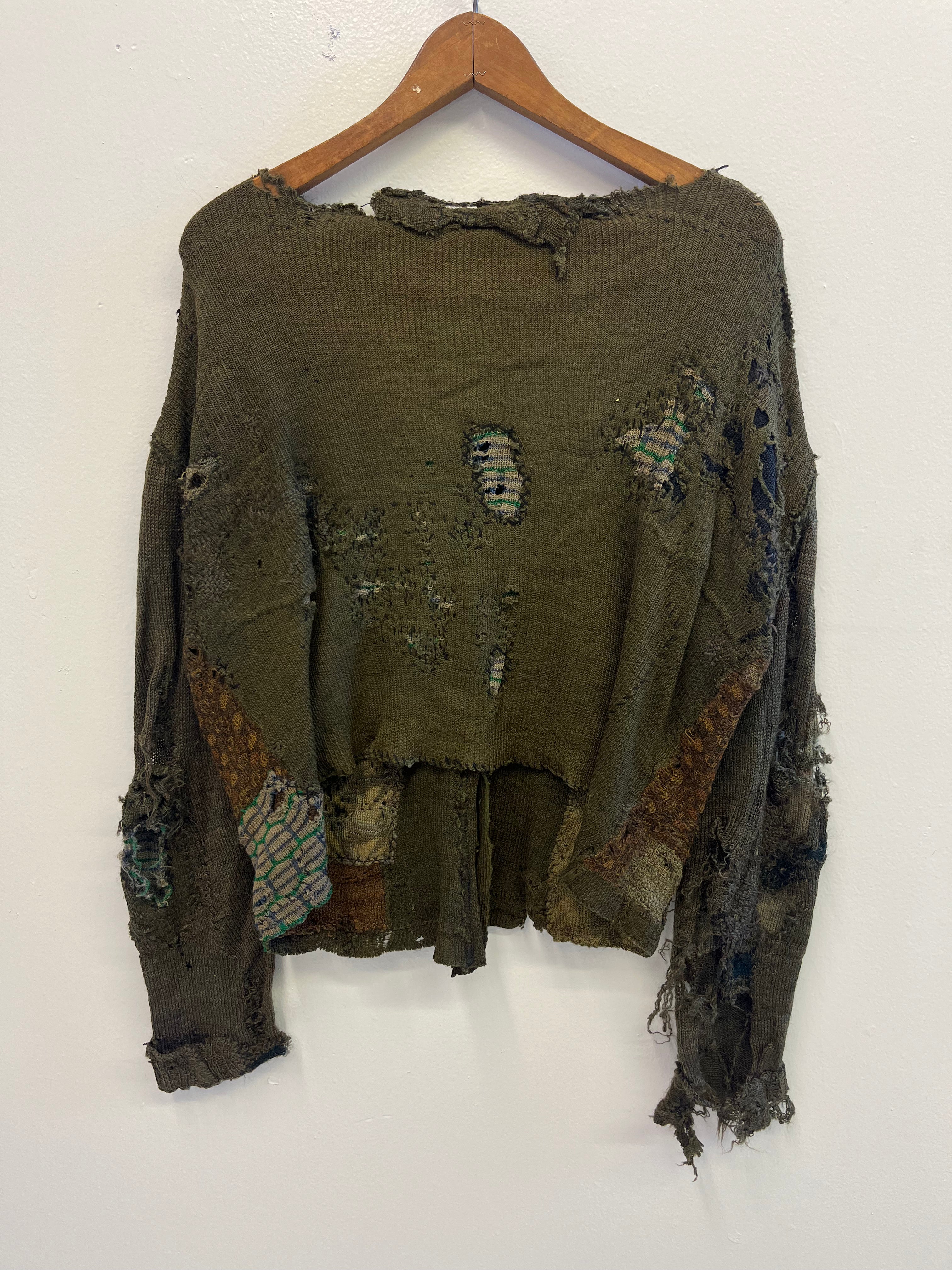 1910/20s German Thrashed Patchwork Wool Peasant's Cardigan Knit - Olive Green/Drab - M/L