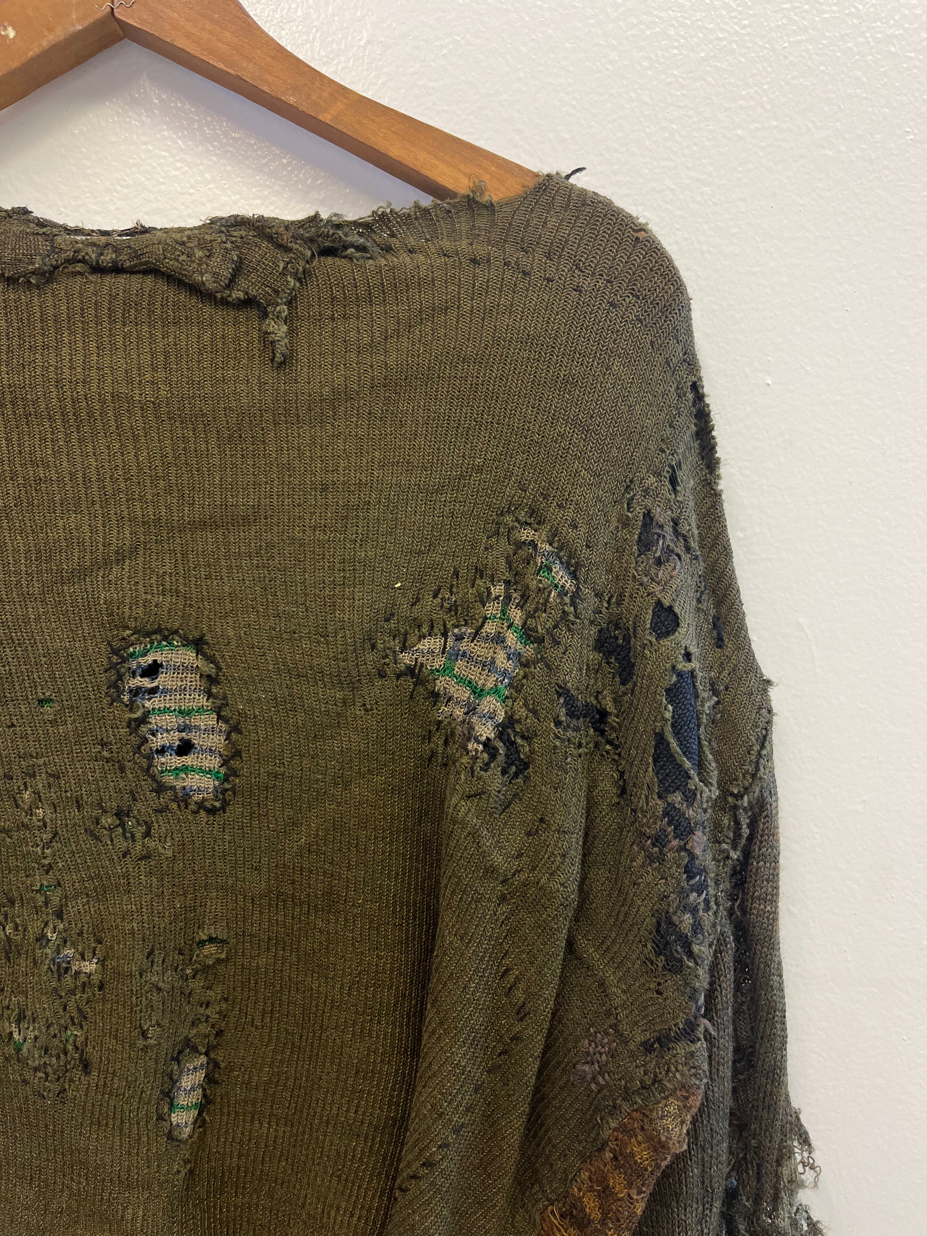 1910/20s German Thrashed Patchwork Wool Peasant's Cardigan Knit - Olive Green/Drab - M/L