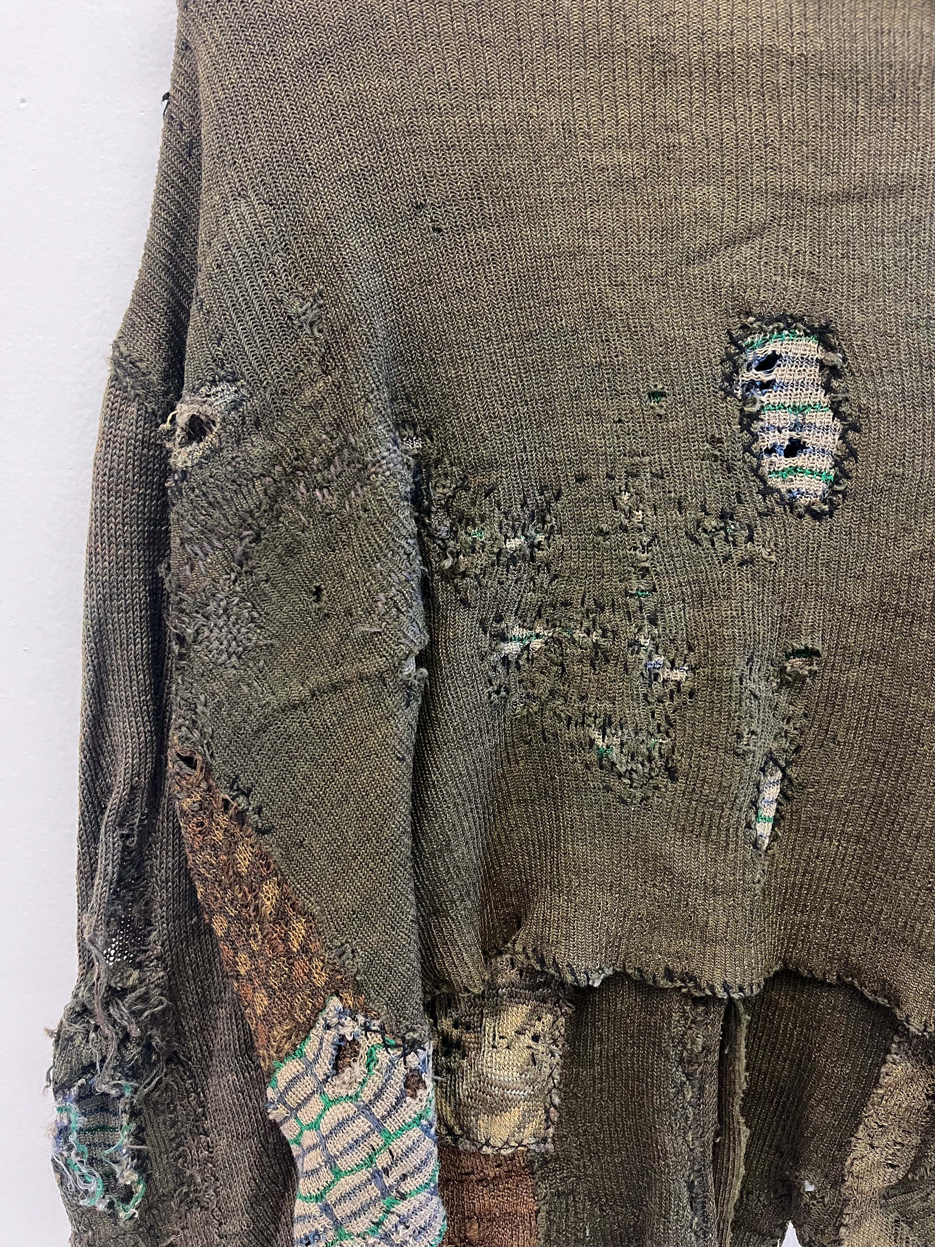 1910/20s German Thrashed Patchwork Wool Peasant's Cardigan Knit - Olive Green/Drab - M/L