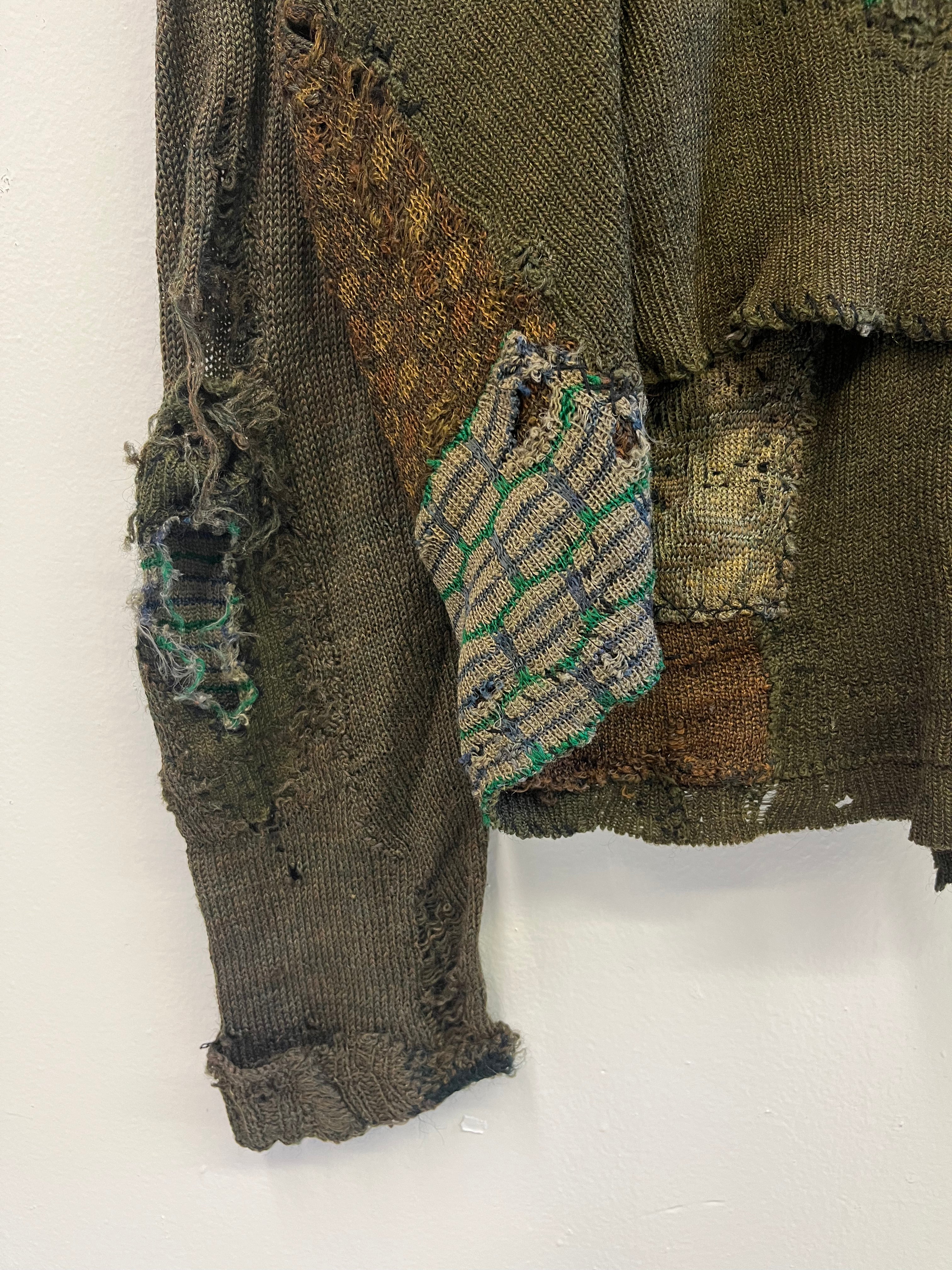 1910/20s German Thrashed Patchwork Wool Peasant's Cardigan Knit - Olive Green/Drab - M/L