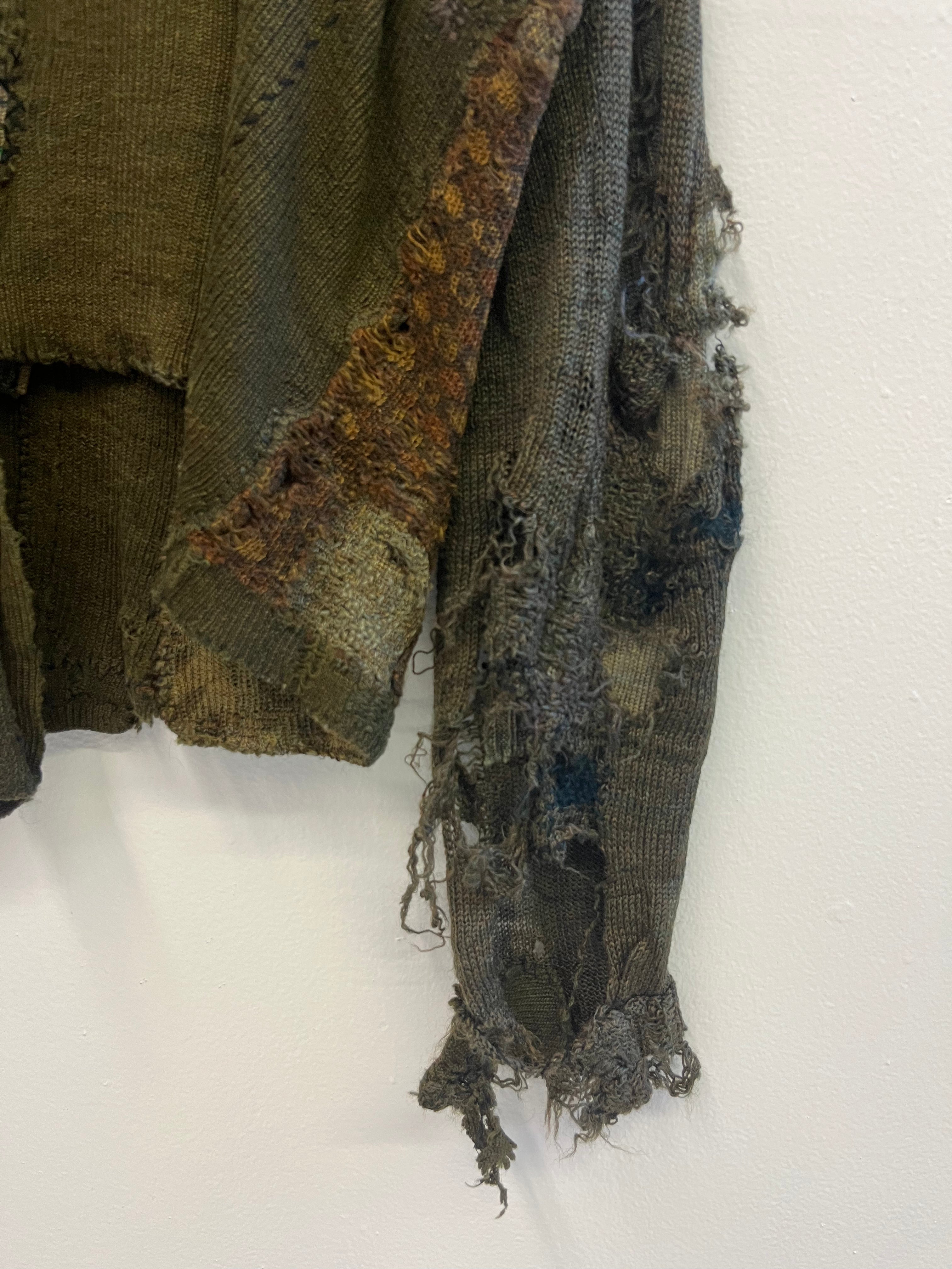1910/20s German Thrashed Patchwork Wool Peasant's Cardigan Knit - Olive Green/Drab - M/L