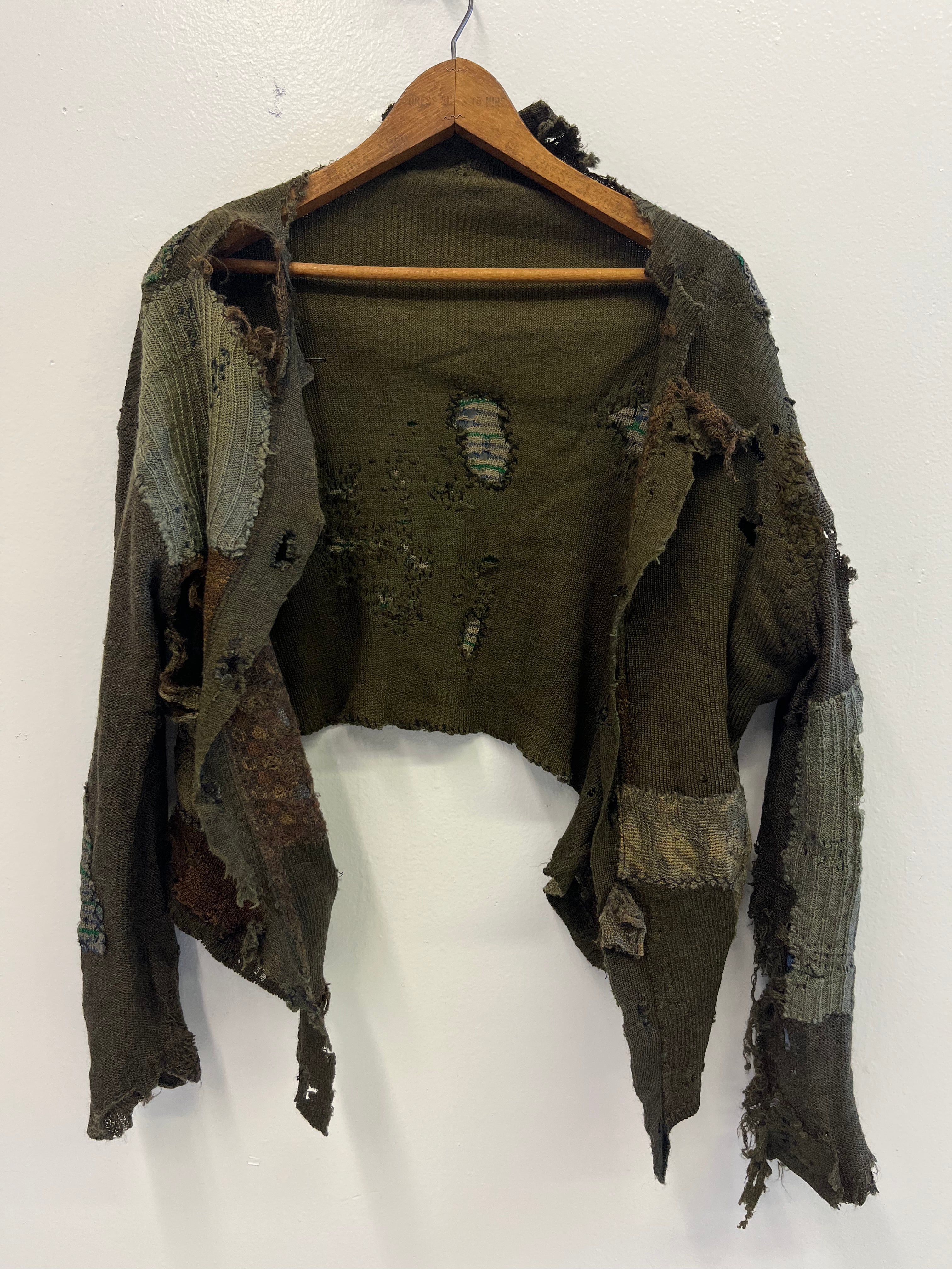 1910/20s German Thrashed Patchwork Wool Peasant's Cardigan Knit - Olive Green/Drab - M/L