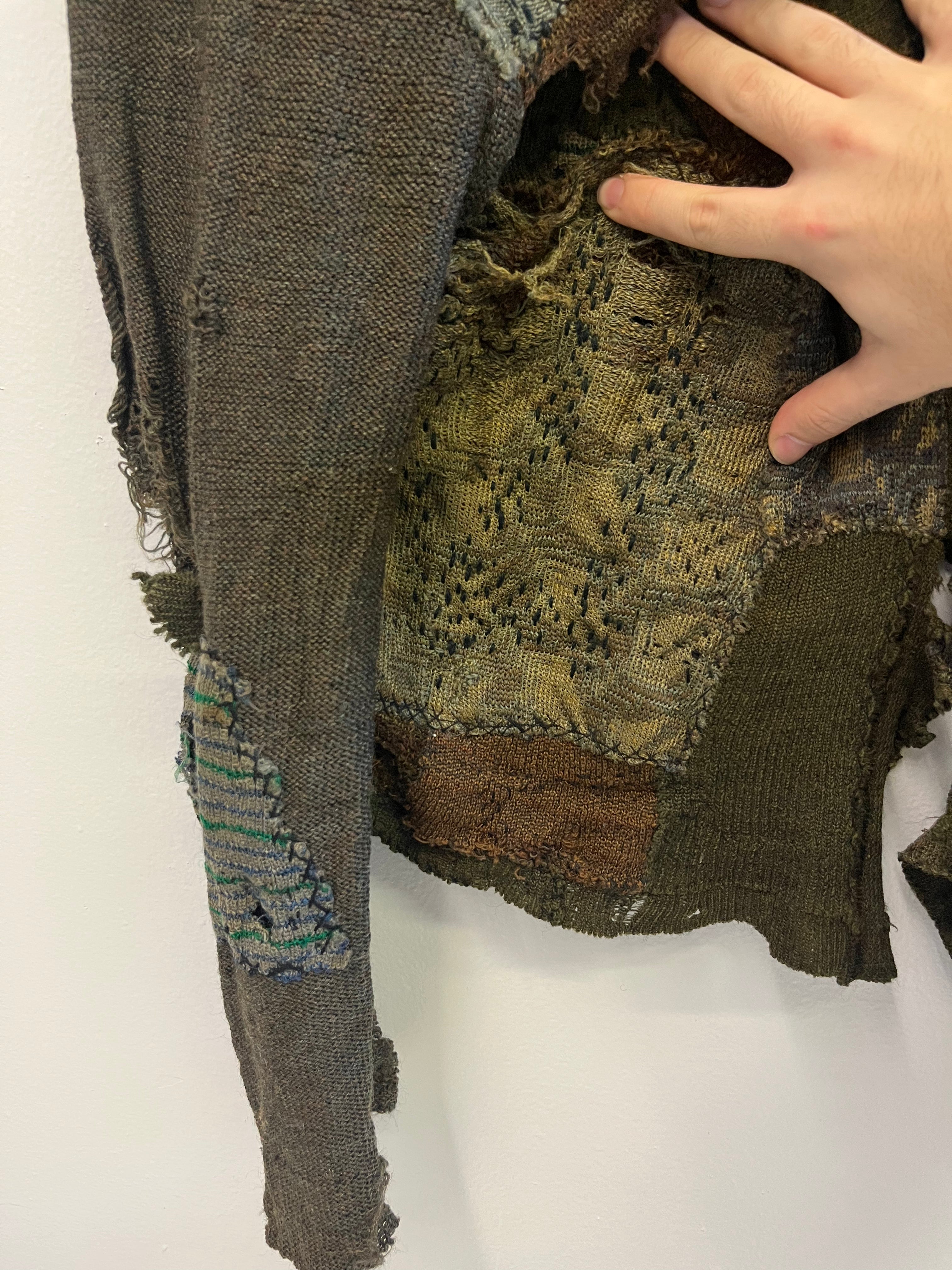 1910/20s German Thrashed Patchwork Wool Peasant's Cardigan Knit - Olive Green/Drab - M/L