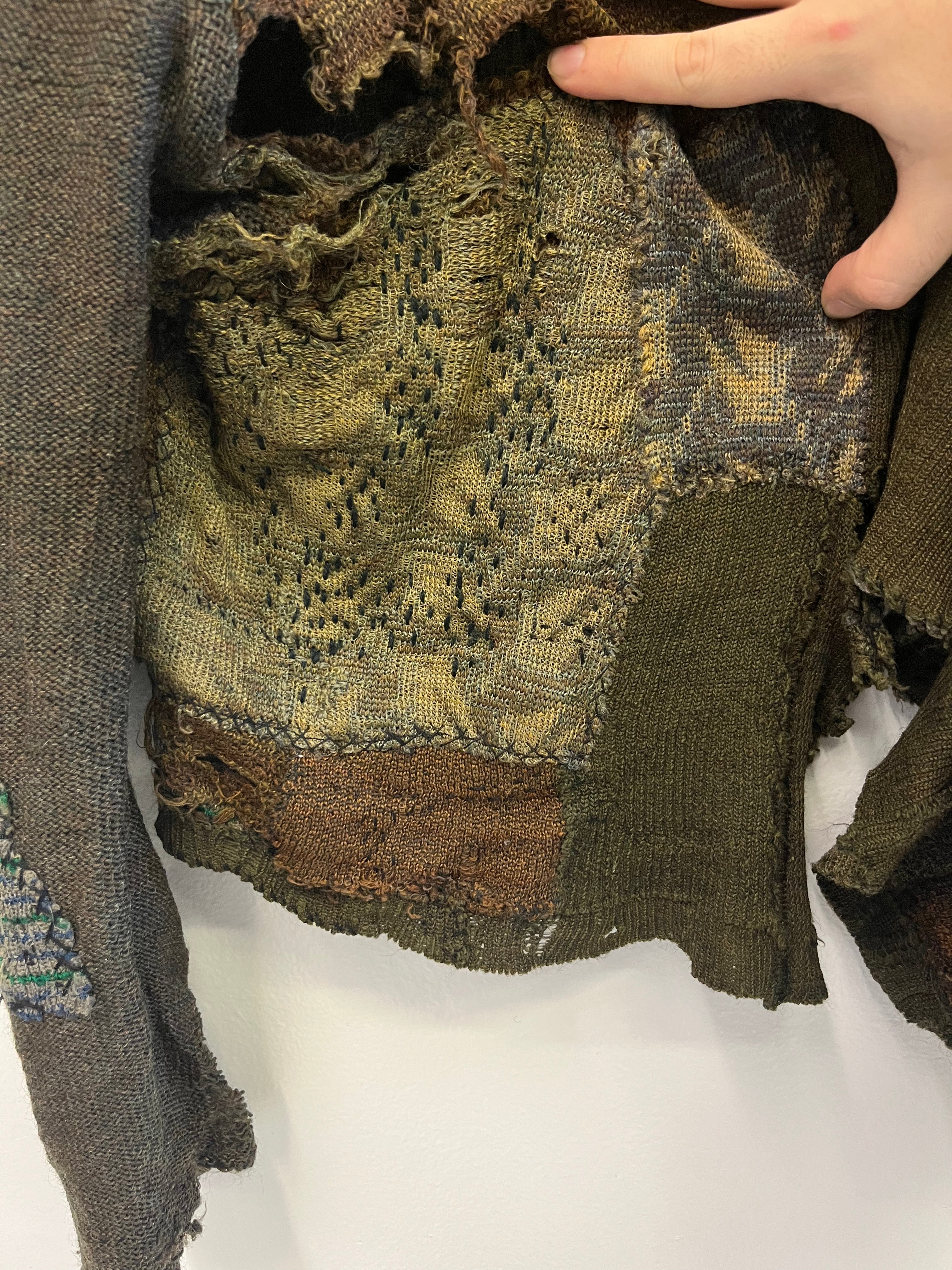 1910/20s German Thrashed Patchwork Wool Peasant's Cardigan Knit - Olive Green/Drab - M/L