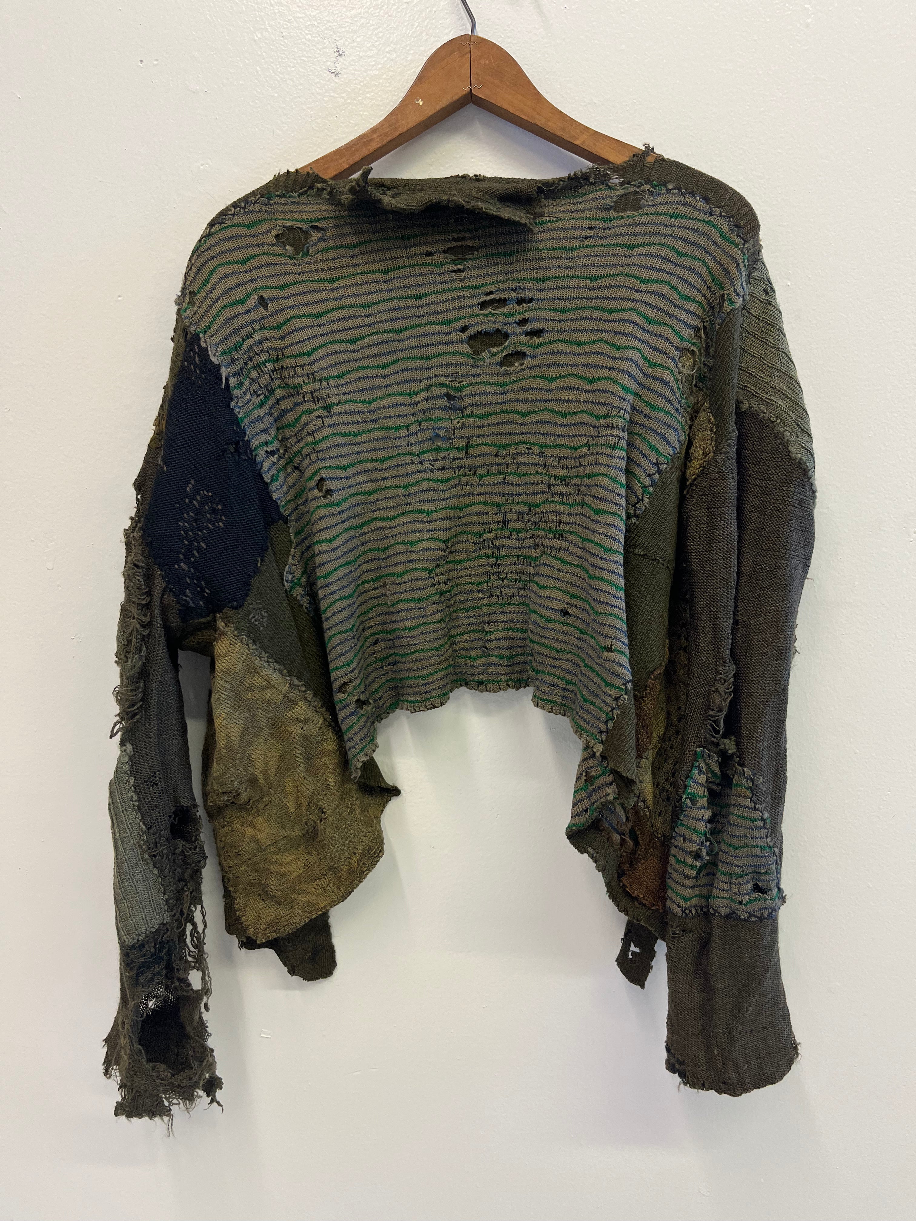 1910/20s German Thrashed Patchwork Wool Peasant's Cardigan Knit - Olive Green/Drab - M/L
