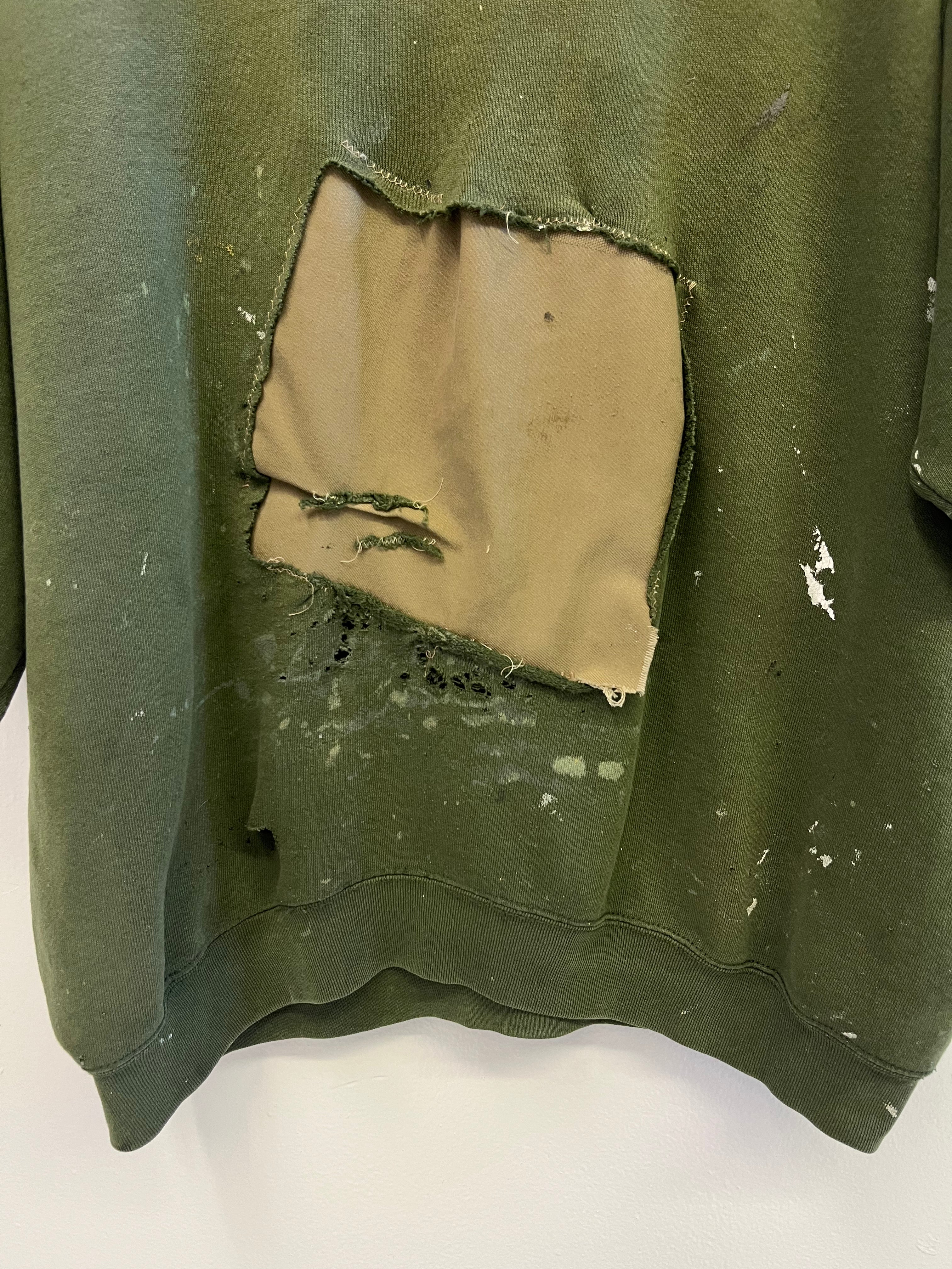 '90s Distressed and Patched Crewneck Sweatshirt - Moss Green - XL