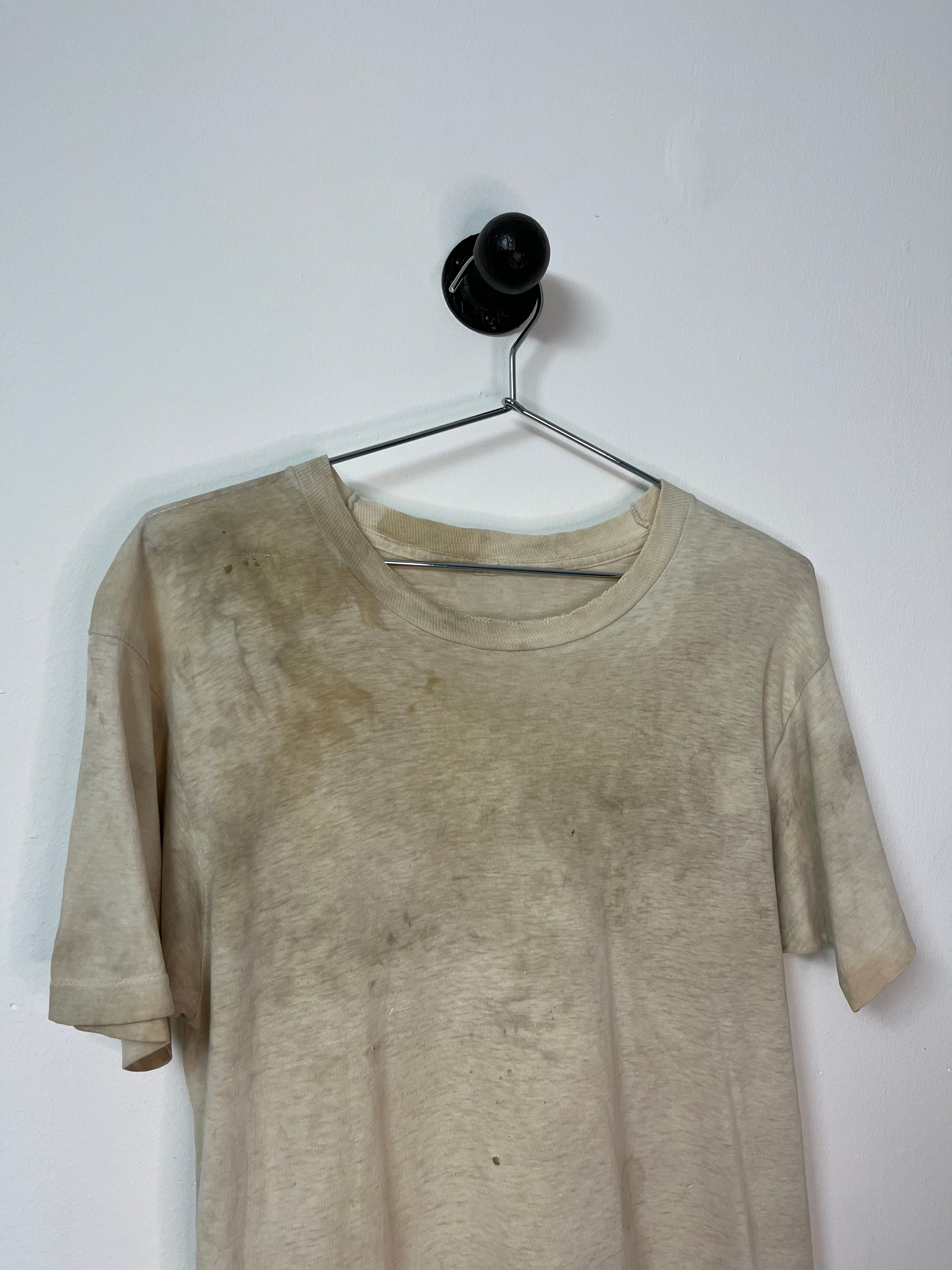 1970s Distressed T-Shirt with Discoloration- Dirty/Aged White - L/XL