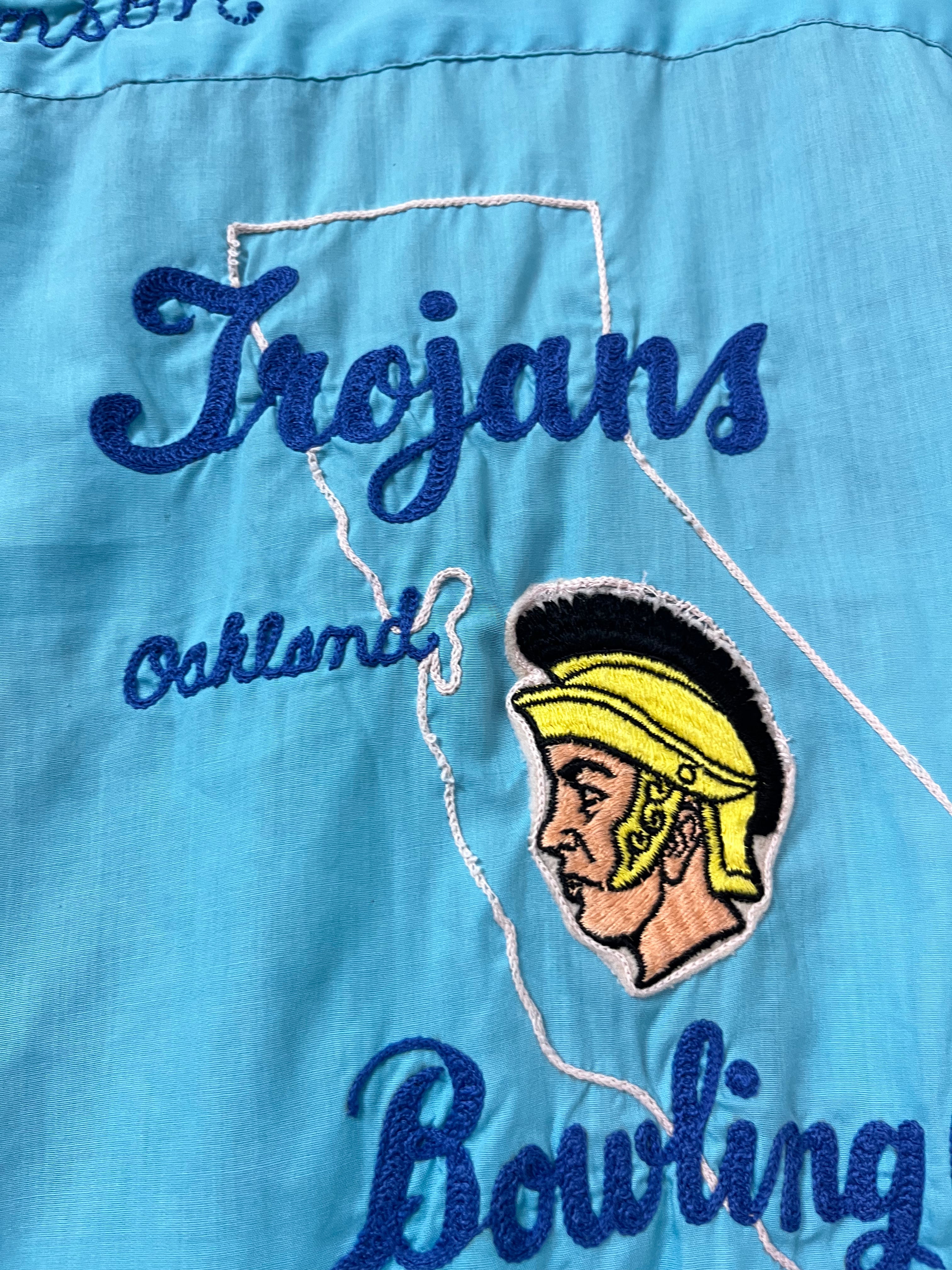 1960s Oakland Trojans Bowling Club Bowling Shirt With Double Layer Collar - Aqua/Blue - M/L