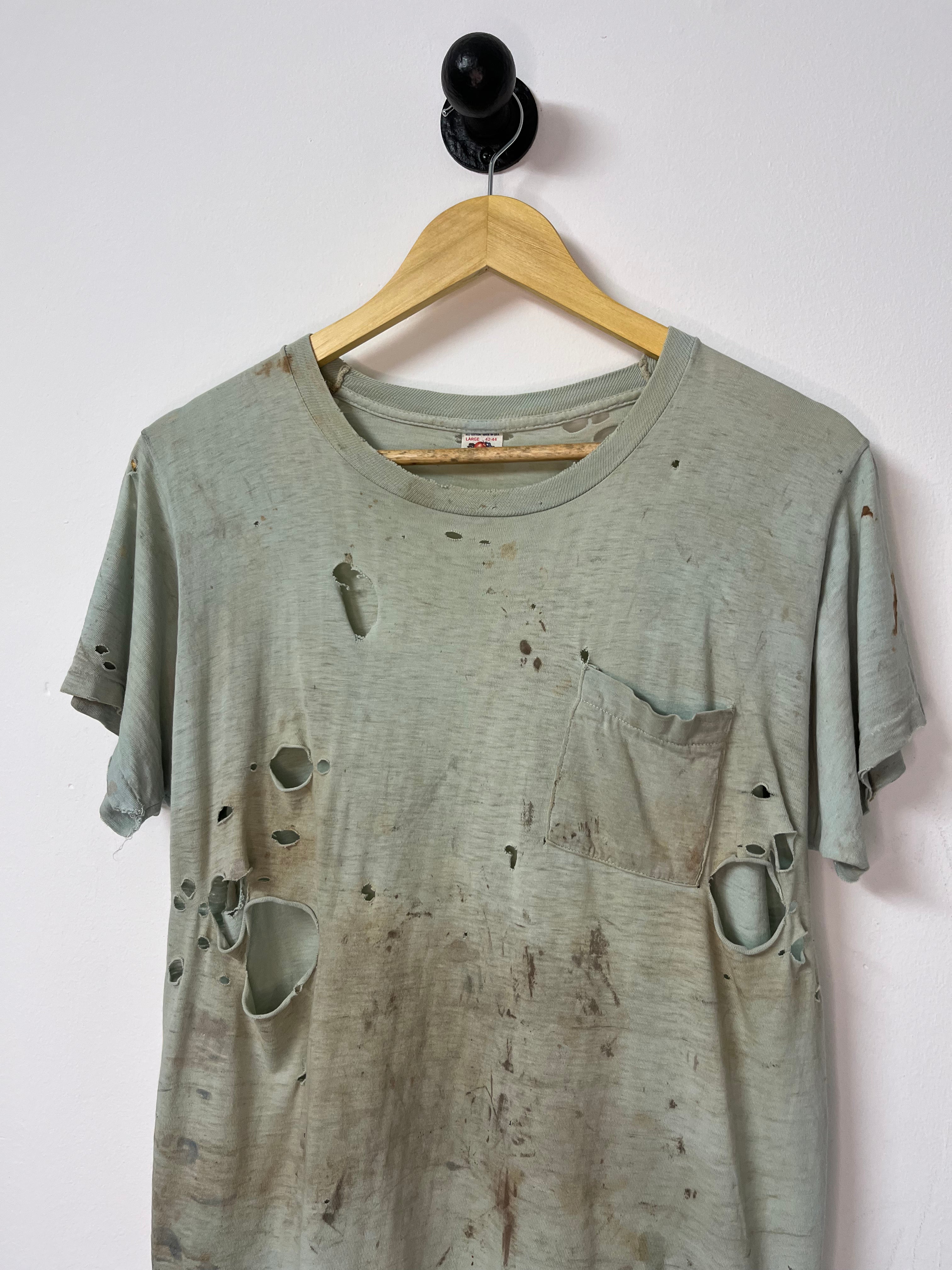 60’s Thrashed Pocket T-Shirt - Faded Pale Blue - M
