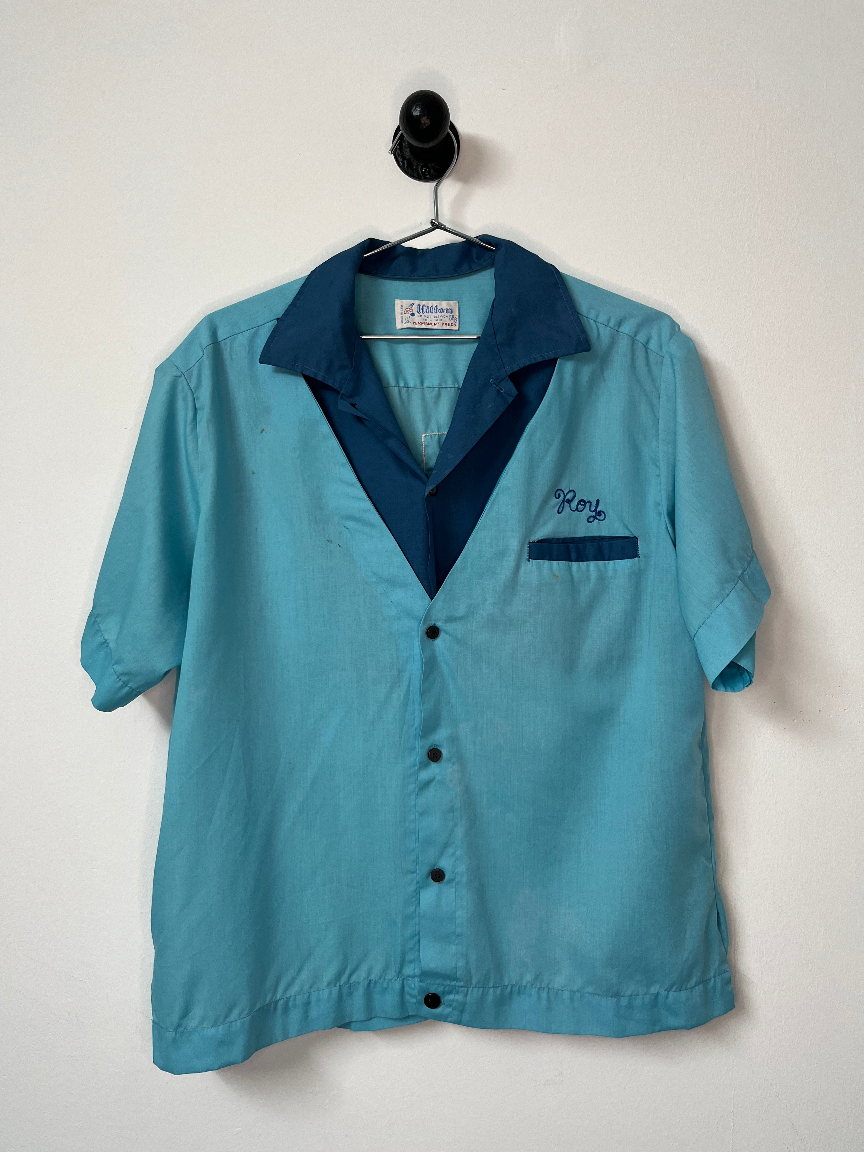 1960s Oakland Trojans Bowling Club Bowling Shirt With Double Layer Collar - Aqua/Blue - M/L