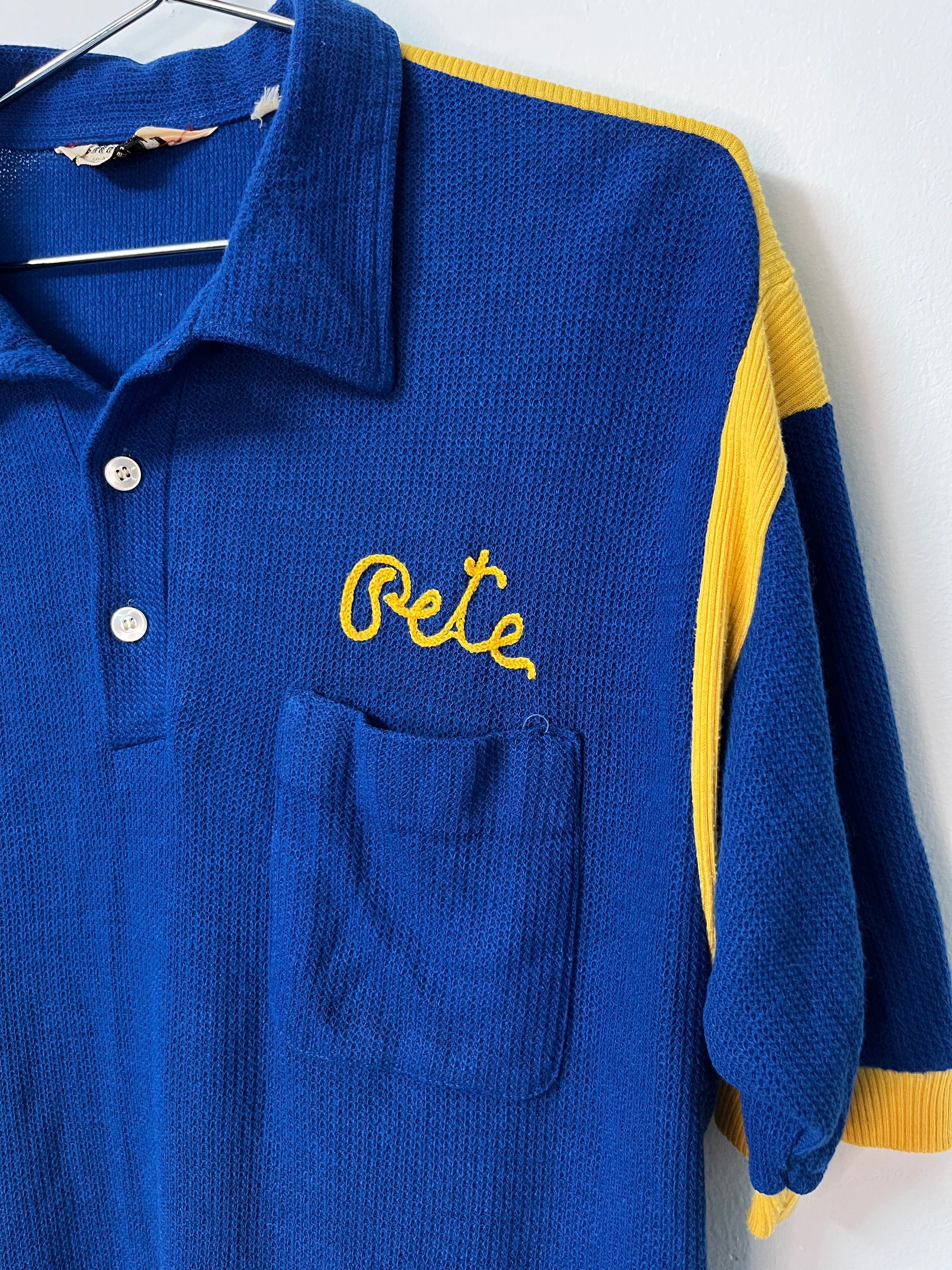 1970s Bowling Polo Shirt ‘Noon’s, Bennington VT’ - Blue/Yellow - XL