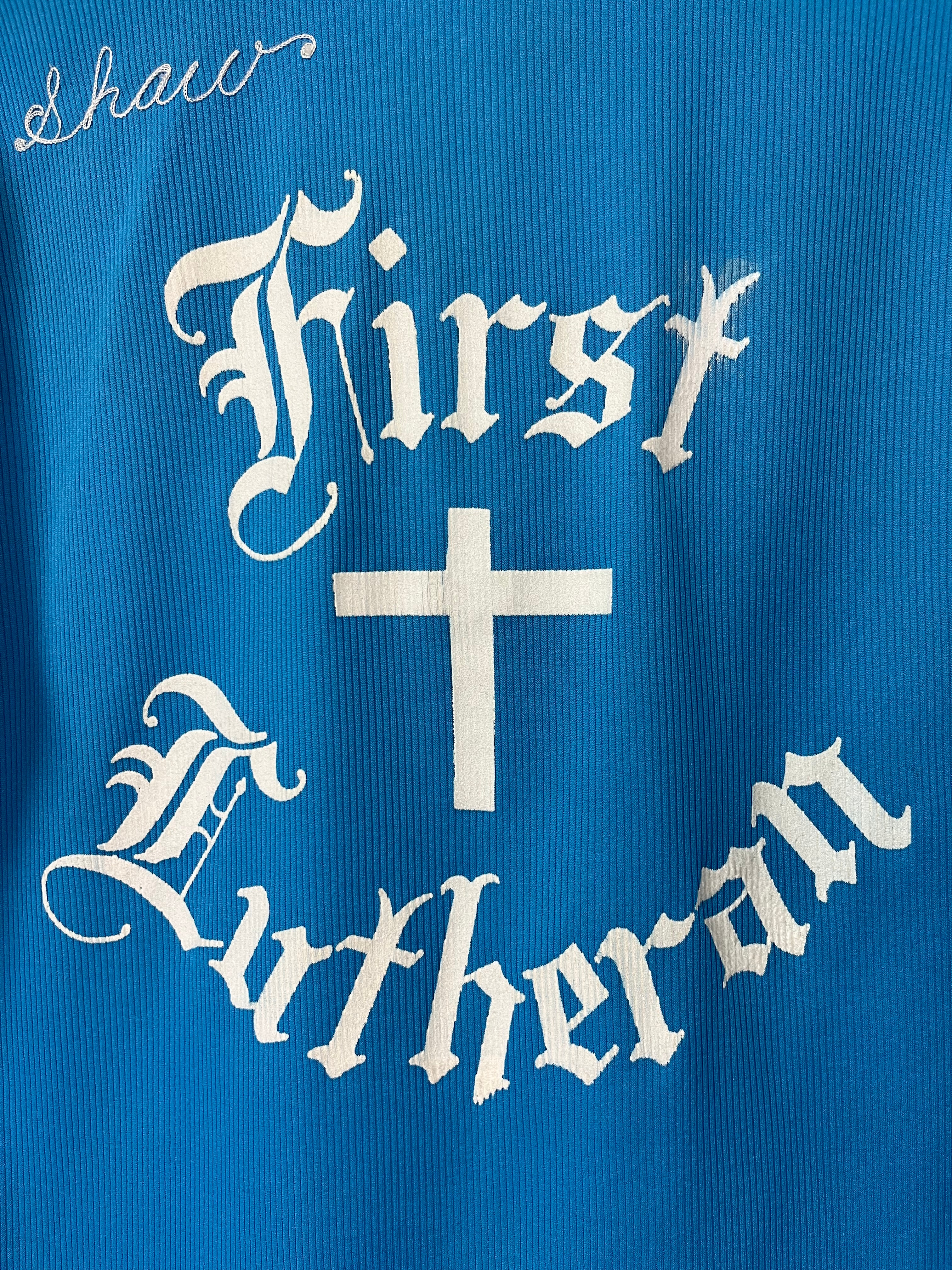 1973 ‘First Lutheran Church’ Quarter Zip Bowling Shirt - Swimming Pool Blue - M/L