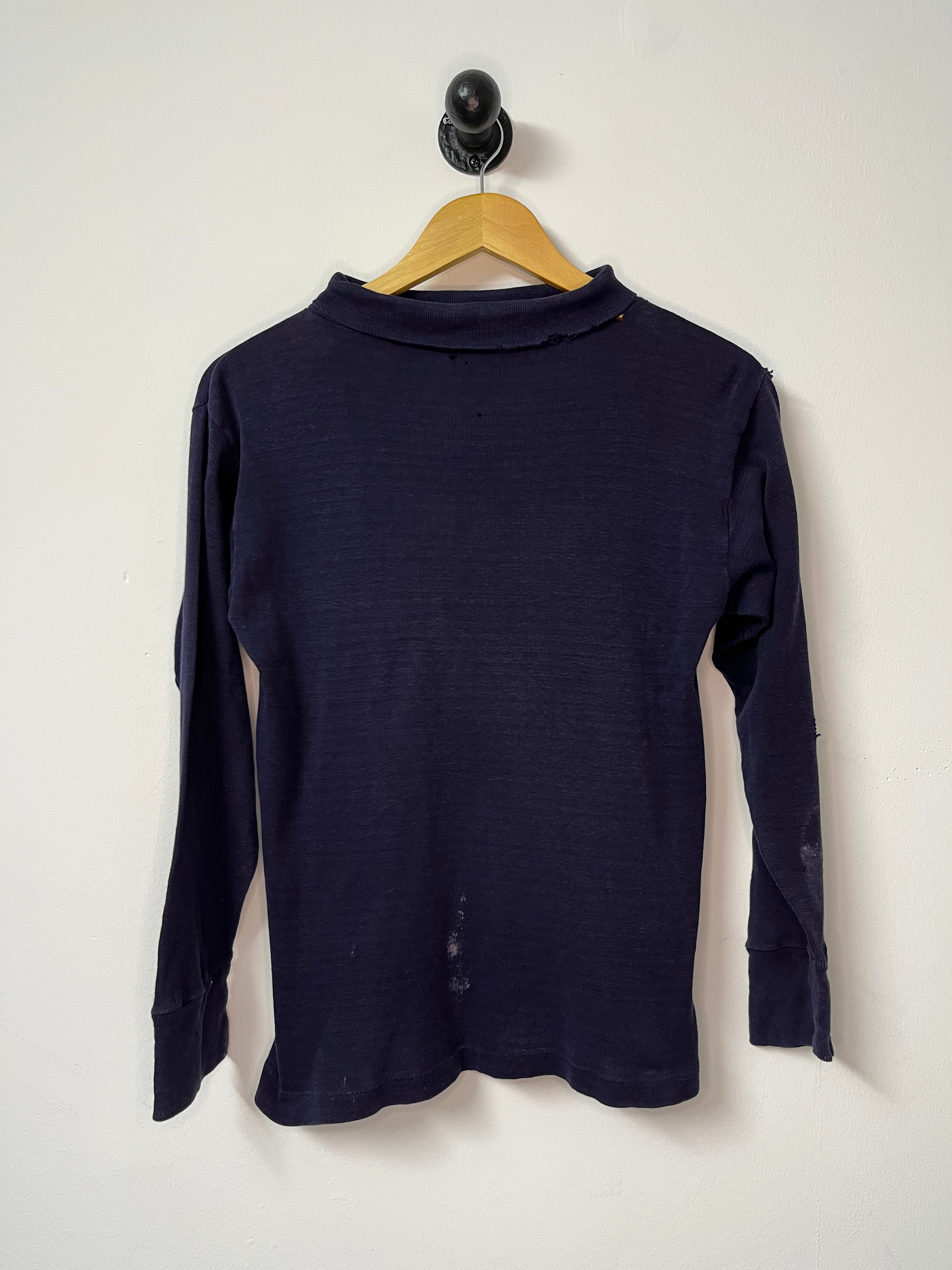 60s Distressed Long Sleeve Turtleneck T-Shirt- Washed Navy Blue and Light Distressing- S/M