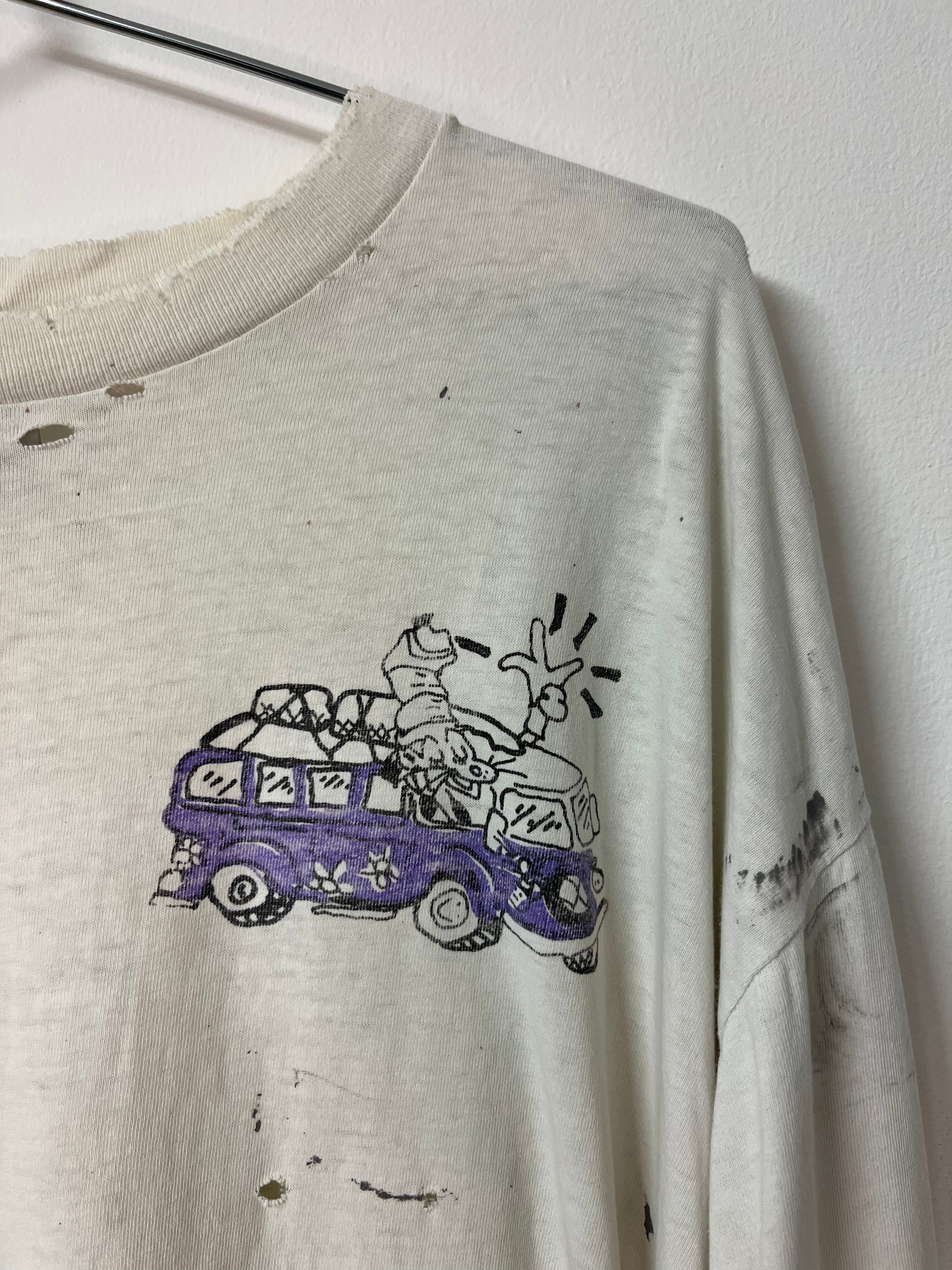 90s Truckin’ Around Hippie Distressed Long-Sleeve T-Shirt - Aged White - XL