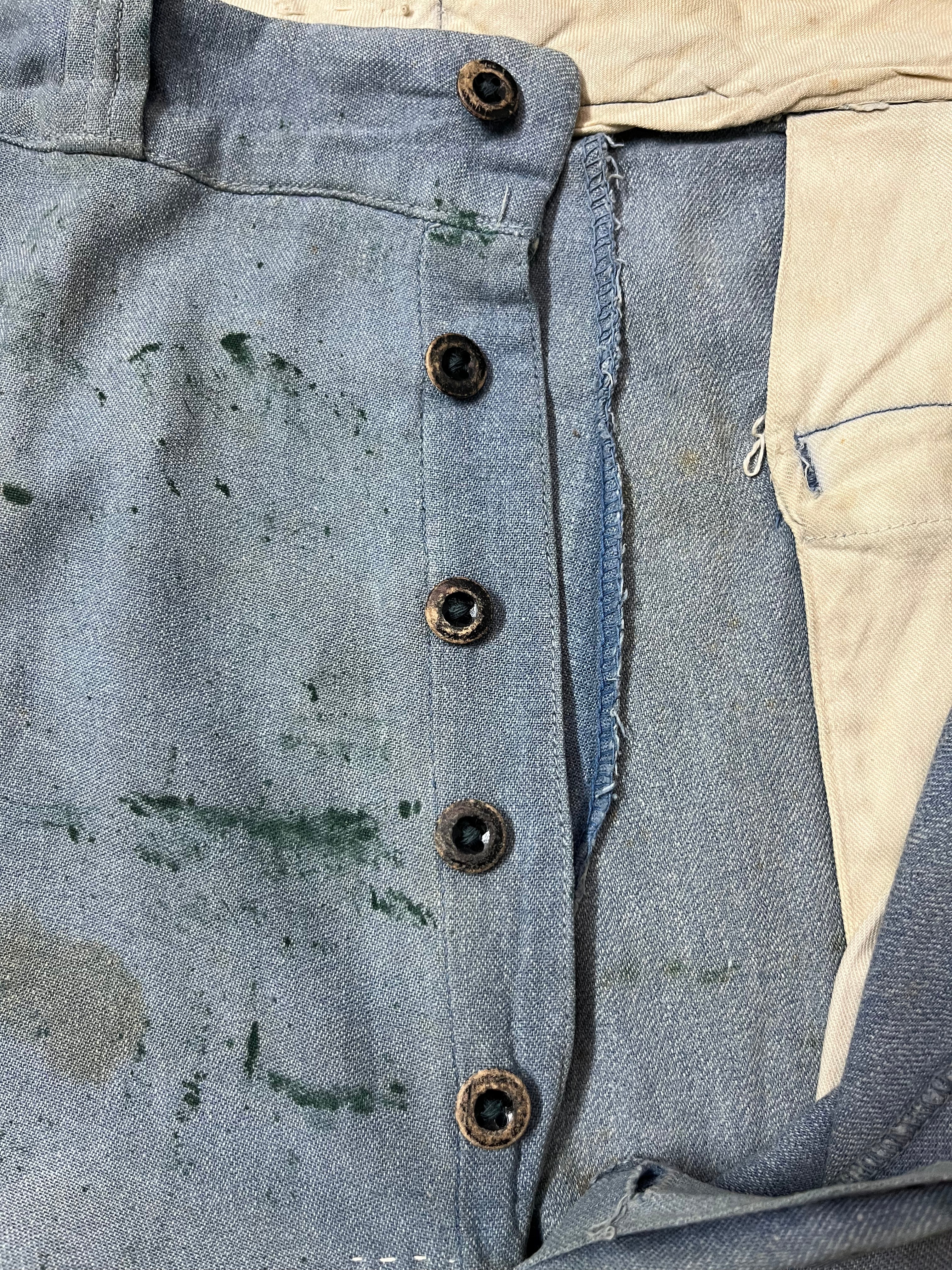 Early 1940s Blue Salt & Pepper Pants with Repairs and Paint - Powder Blue - 32x32