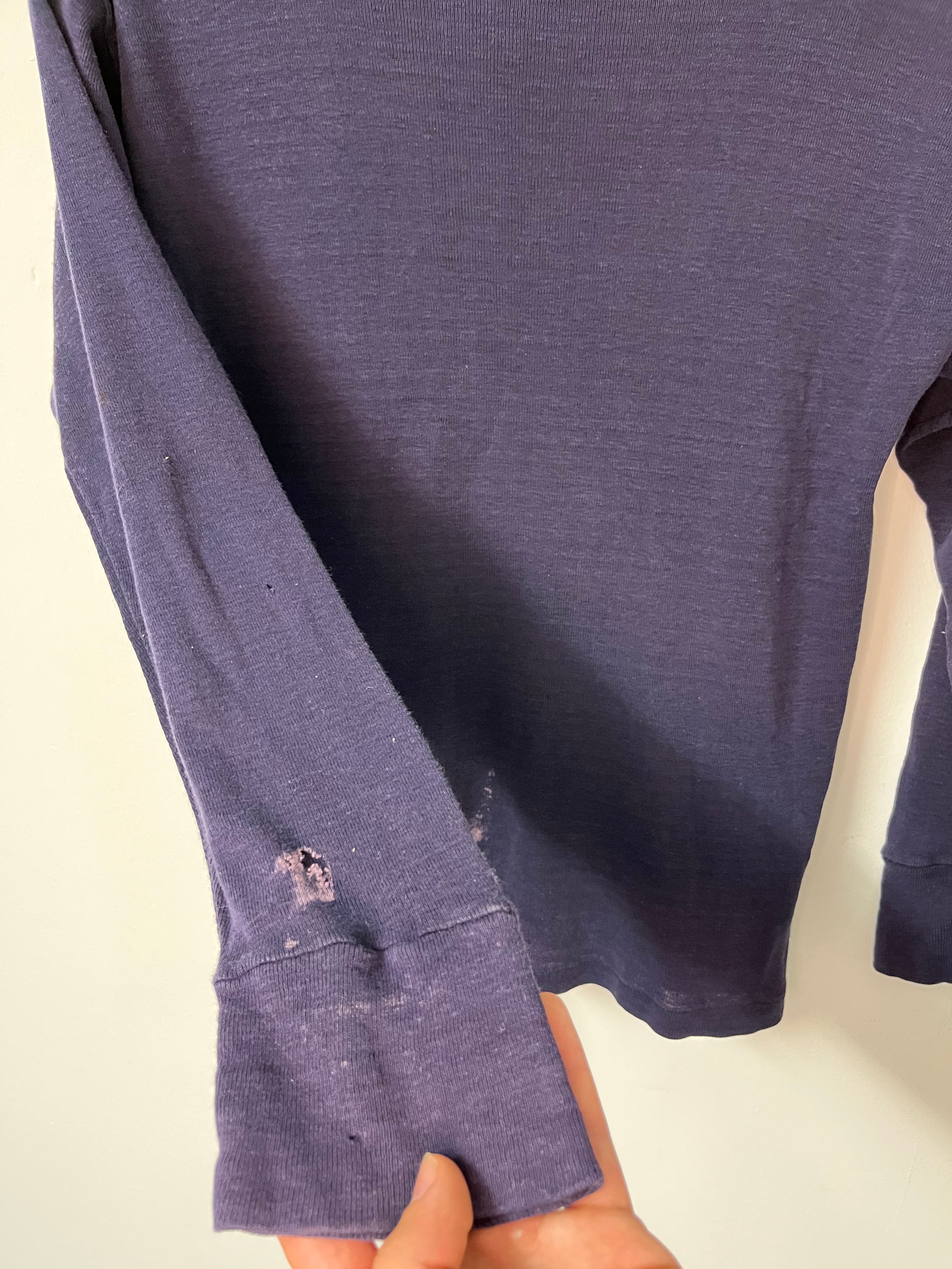 60s Distressed Long Sleeve Turtleneck T-Shirt- Washed Navy Blue and Light Distressing- S/M