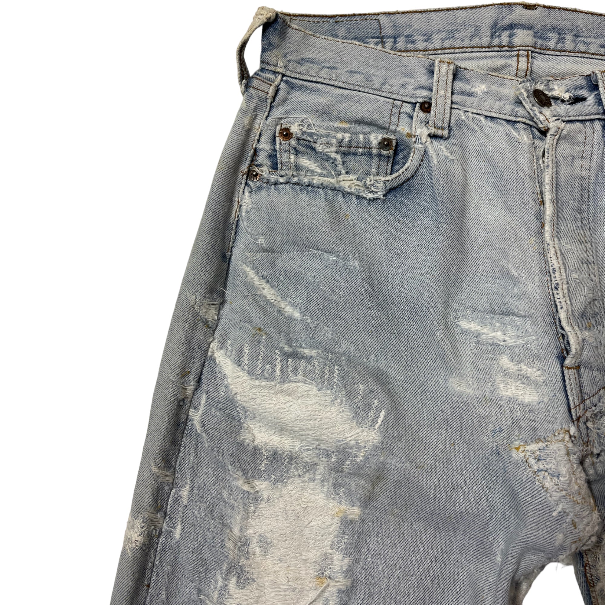 Early 80s Levi’s Redline Selvedge 501 Denim Jeans with Extensive Repairs - Lightwash Blue - 31x31