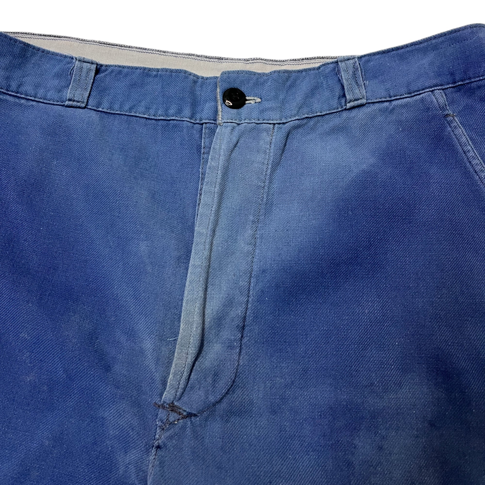 60s Sun Faded Repaired French Workwear Shorts - Indigo Blue - 34”