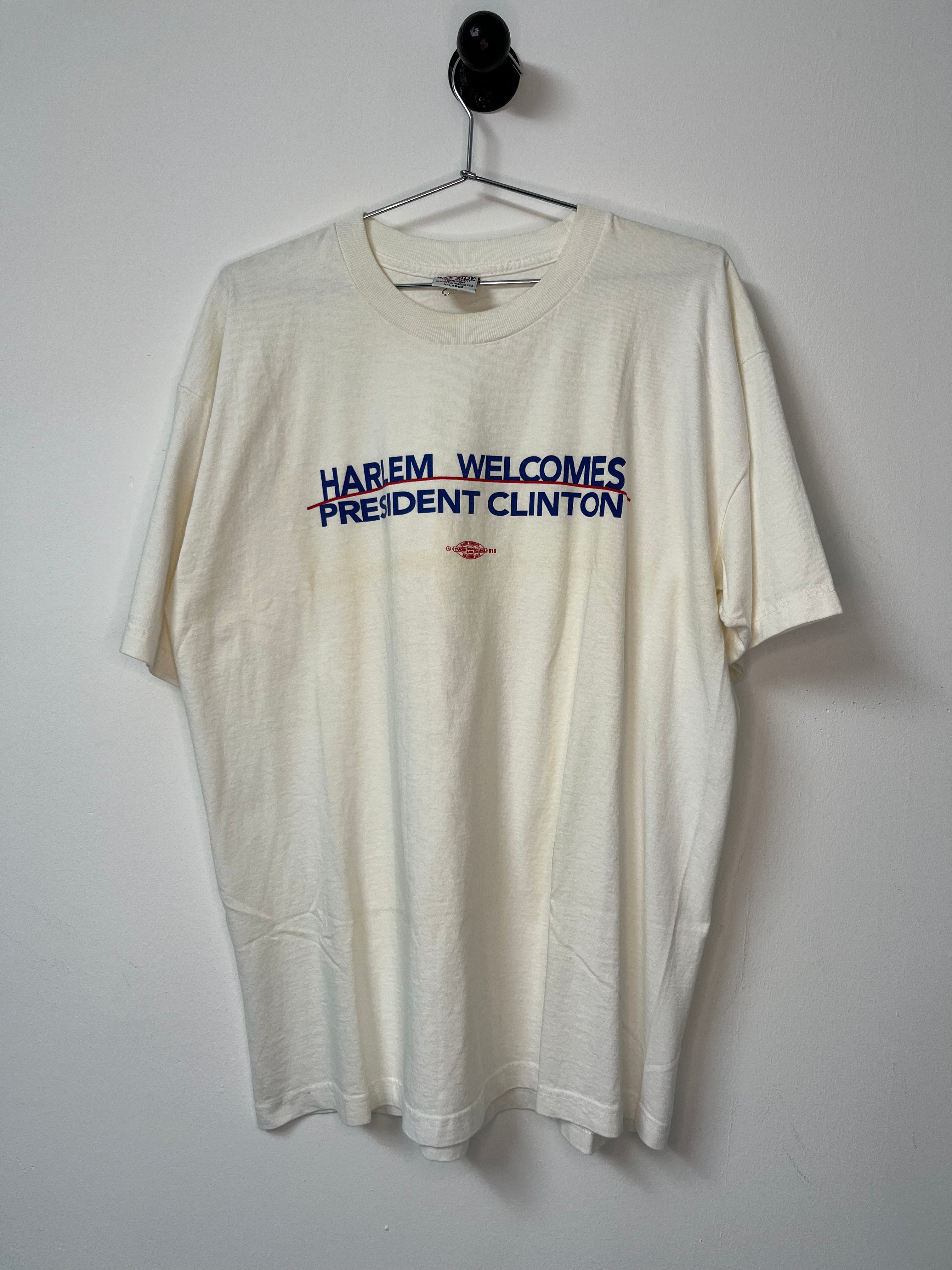 90s Harlem Welcomes President Clinton Campaign Tour T-Shirt - Aged White - XL