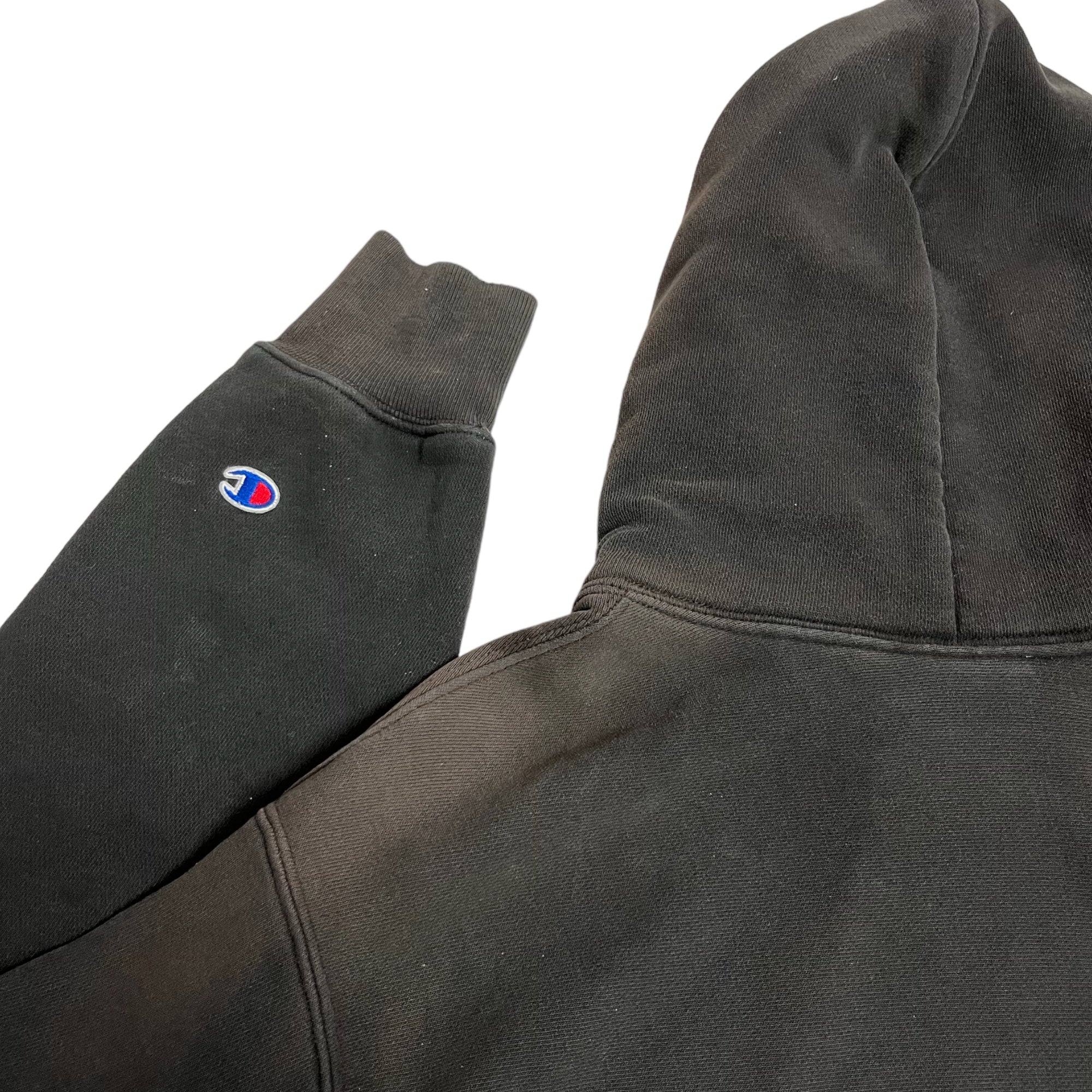 90s Vintage Champion Reverse Weave Distressed Hooded Sweatshirt - Faded Black - L/XL