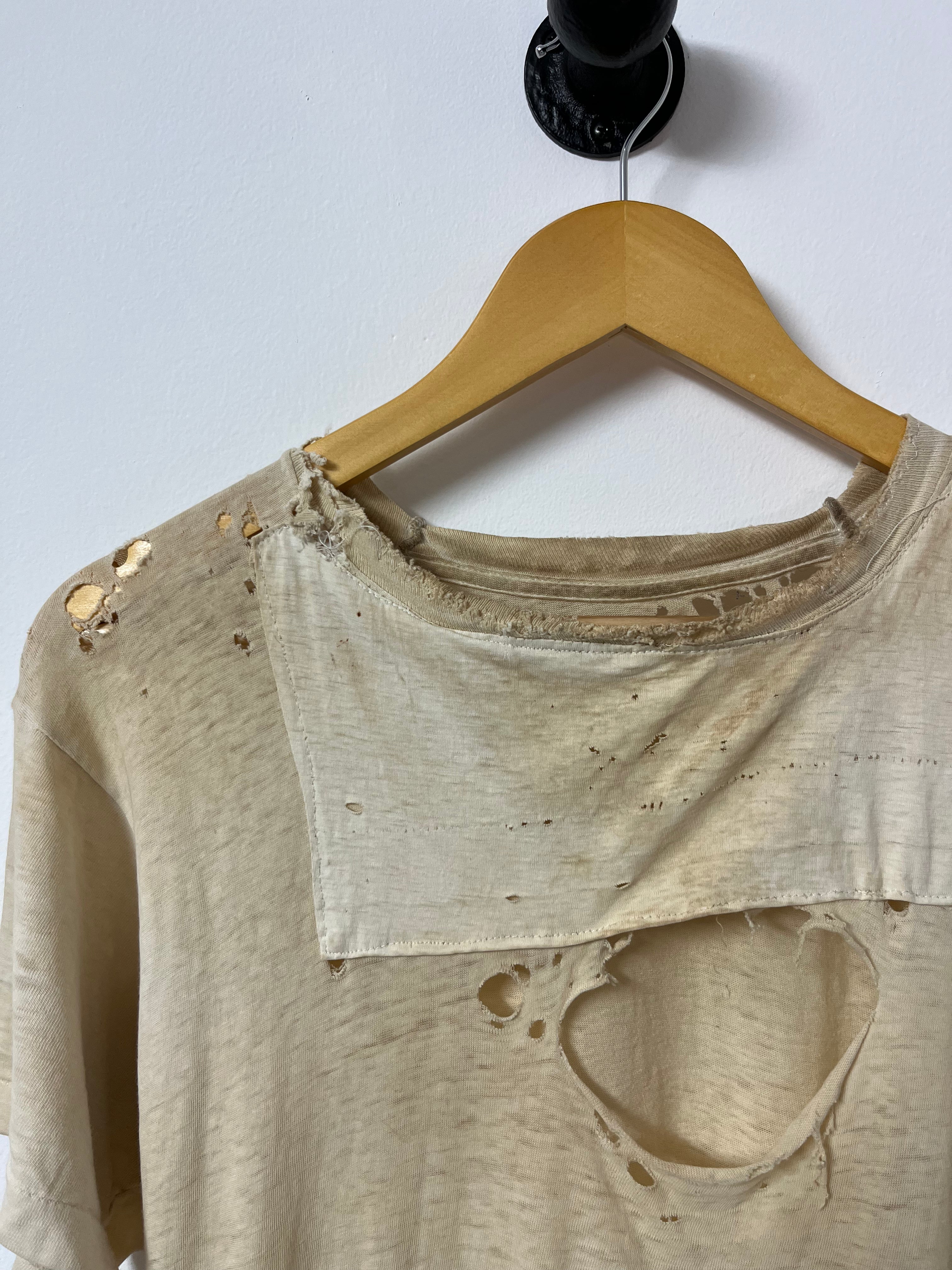 1960s/70s Thrashed and Repaired Farm-Worn T-Shirt - Dirty/Aged White - L/XL