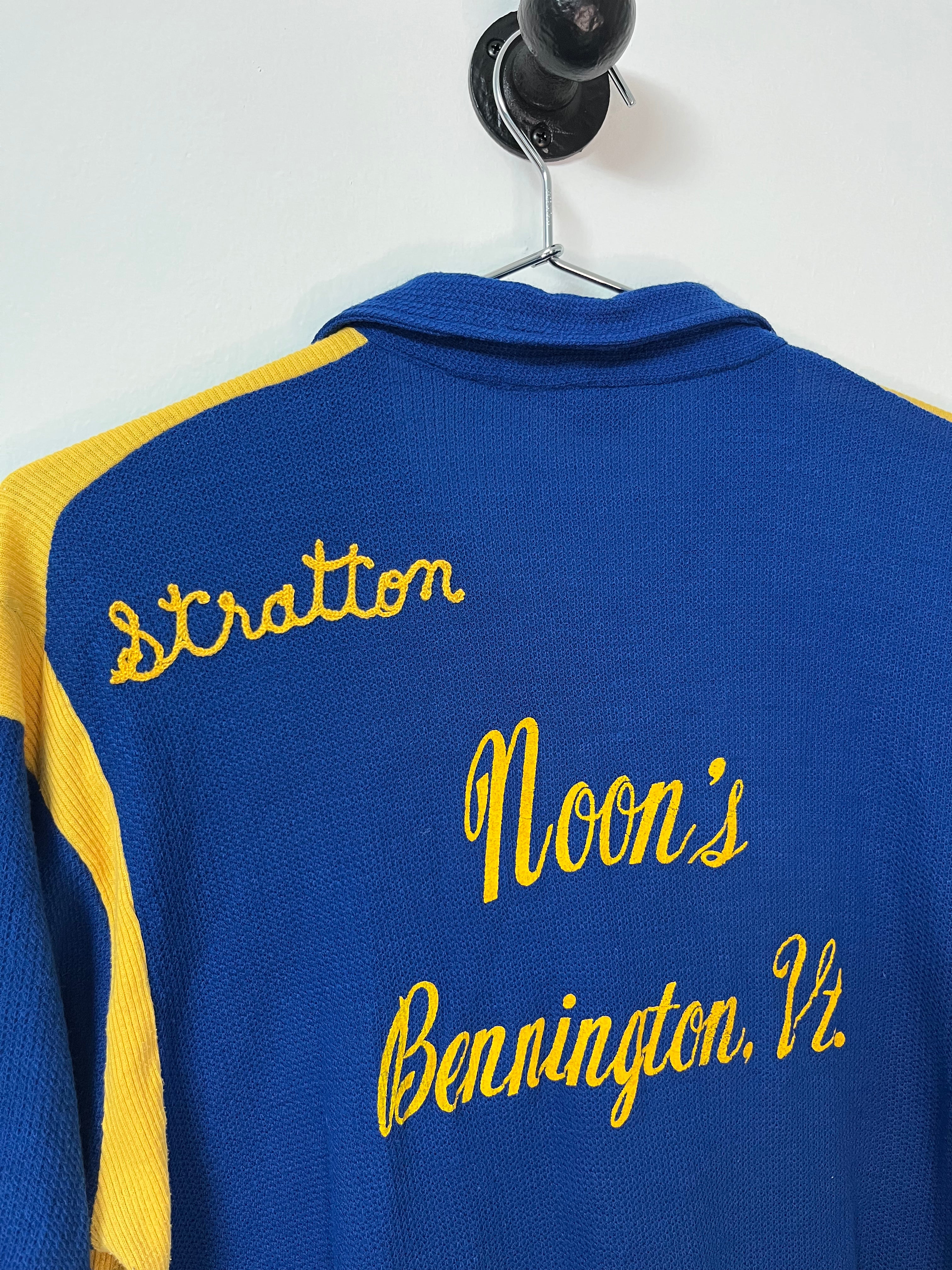 1970s Bowling Polo Shirt ‘Noon’s, Bennington VT’ - Blue/Yellow - XL