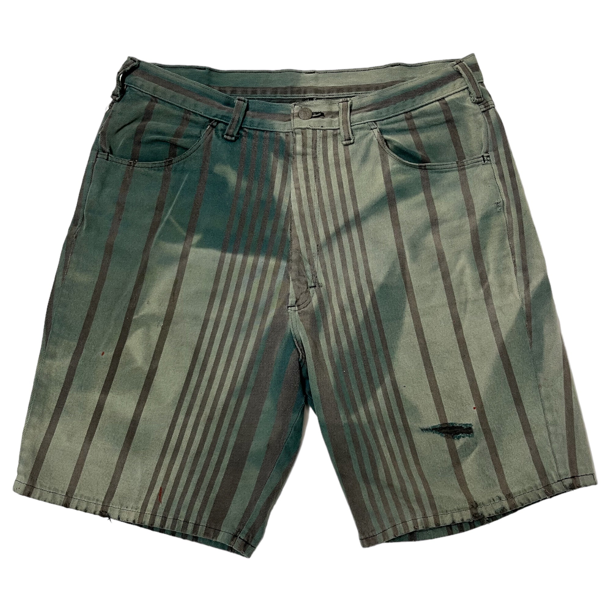Sun Drenched Striped Distressed Shorts - Green/Drab - 35”