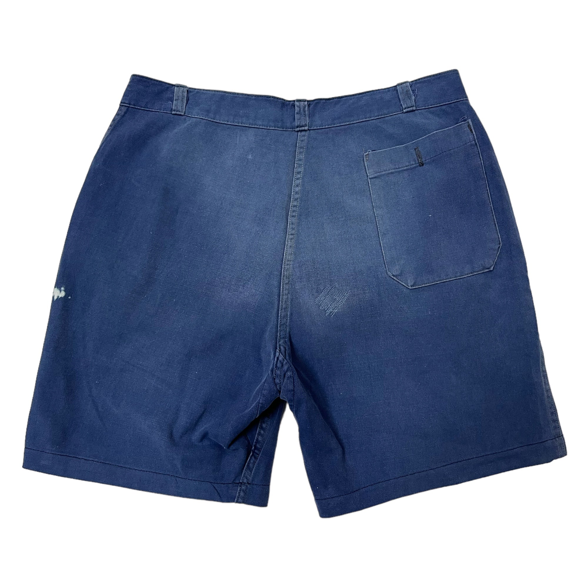 60s Sun Faded Repaired French Workwear Shorts - Indigo Blue - 34”