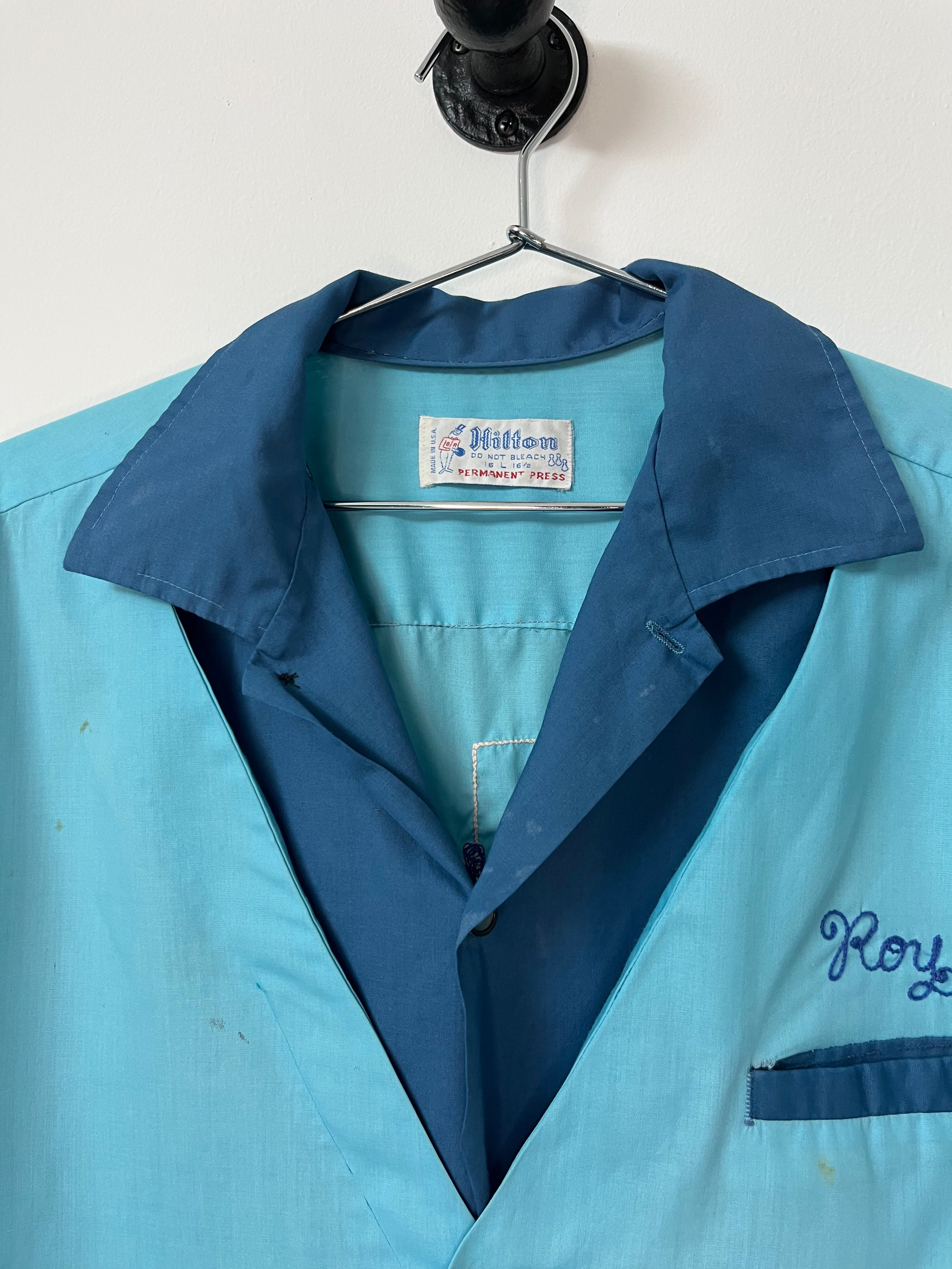 1960s Oakland Trojans Bowling Club Bowling Shirt With Double Layer Collar - Aqua/Blue - M/L