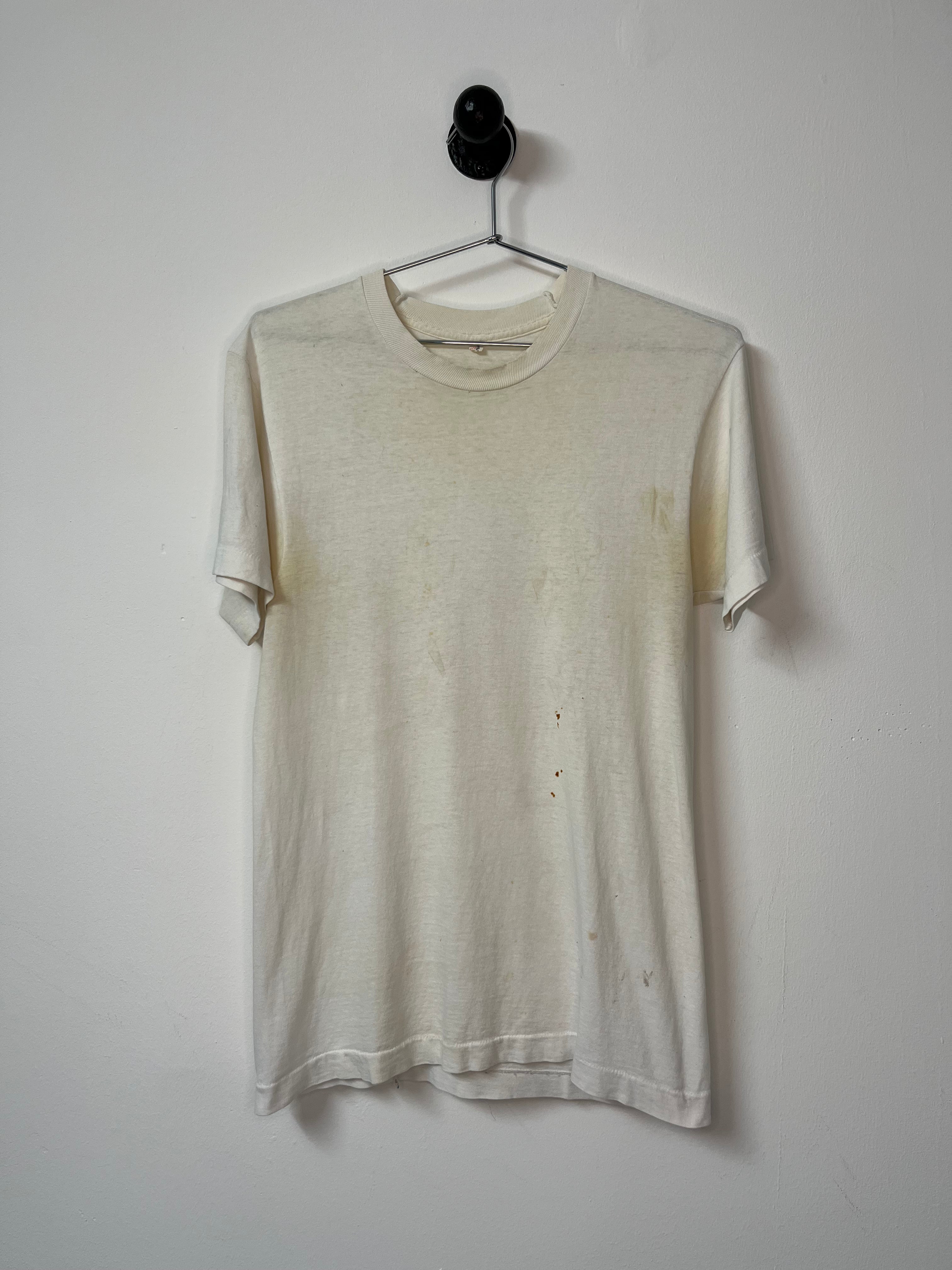 70’s Distressed Blank White T-Shirt - Aged White with Slight Discoloration - M/L Long