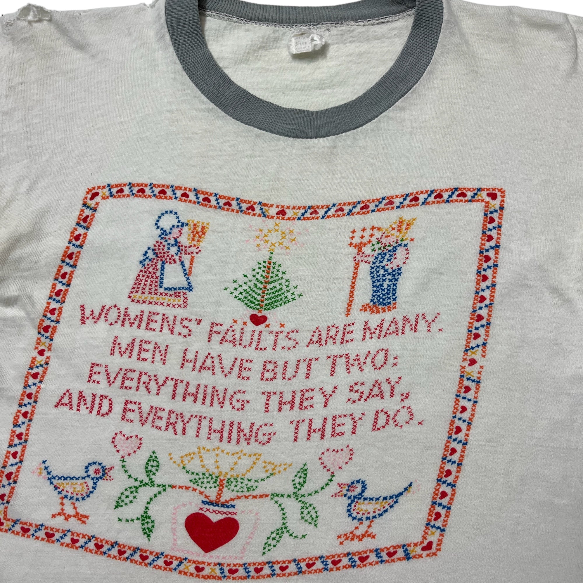 1970s ‘Women’s Faults Are Many But…’ Cross-Stitch Style Ringer T-Shirt - Aged White - S