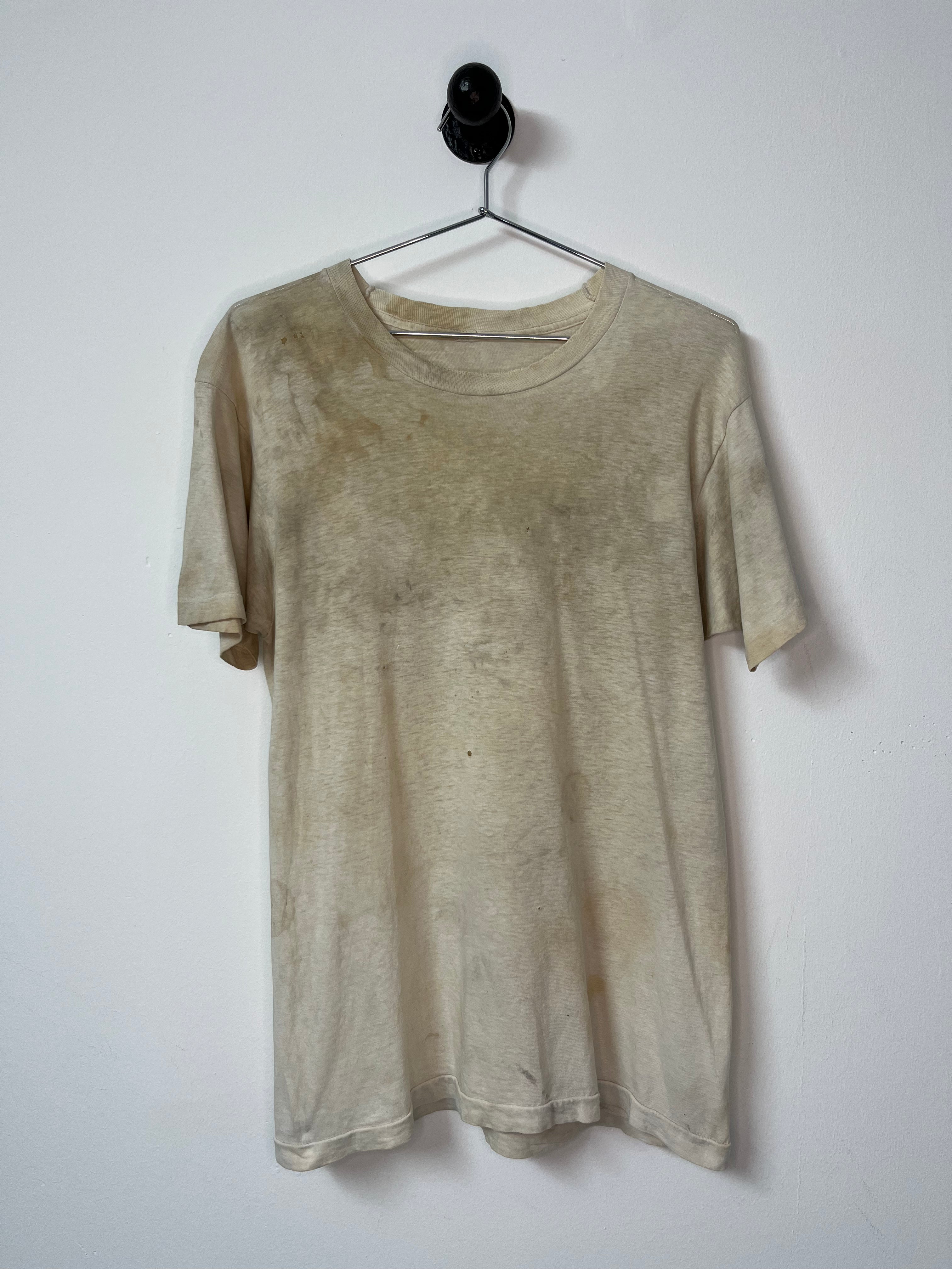 1970s Distressed T-Shirt with Discoloration- Dirty/Aged White - L/XL