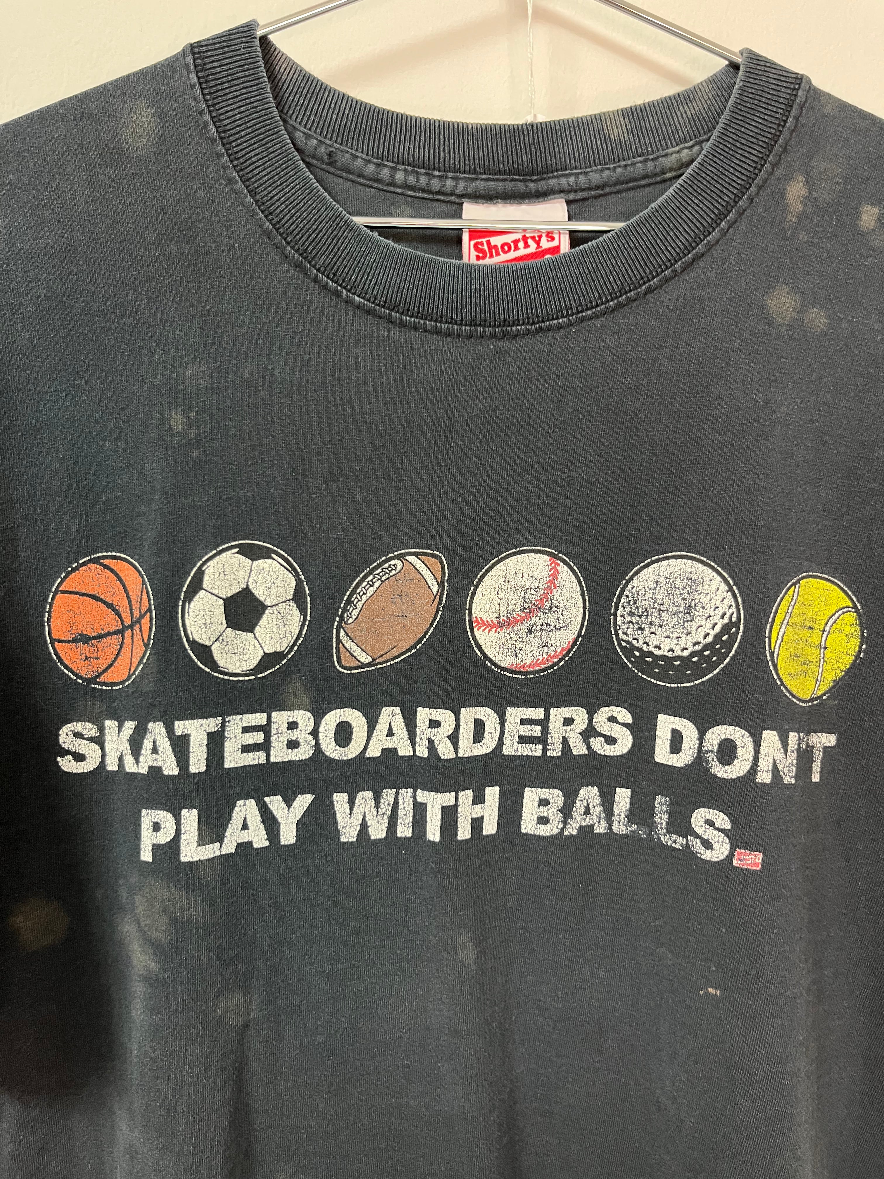 90s Shorty’s Skateboards ‘Don’t Play With Balls’ Thrashed T-Shirt - Faded Black - M/L