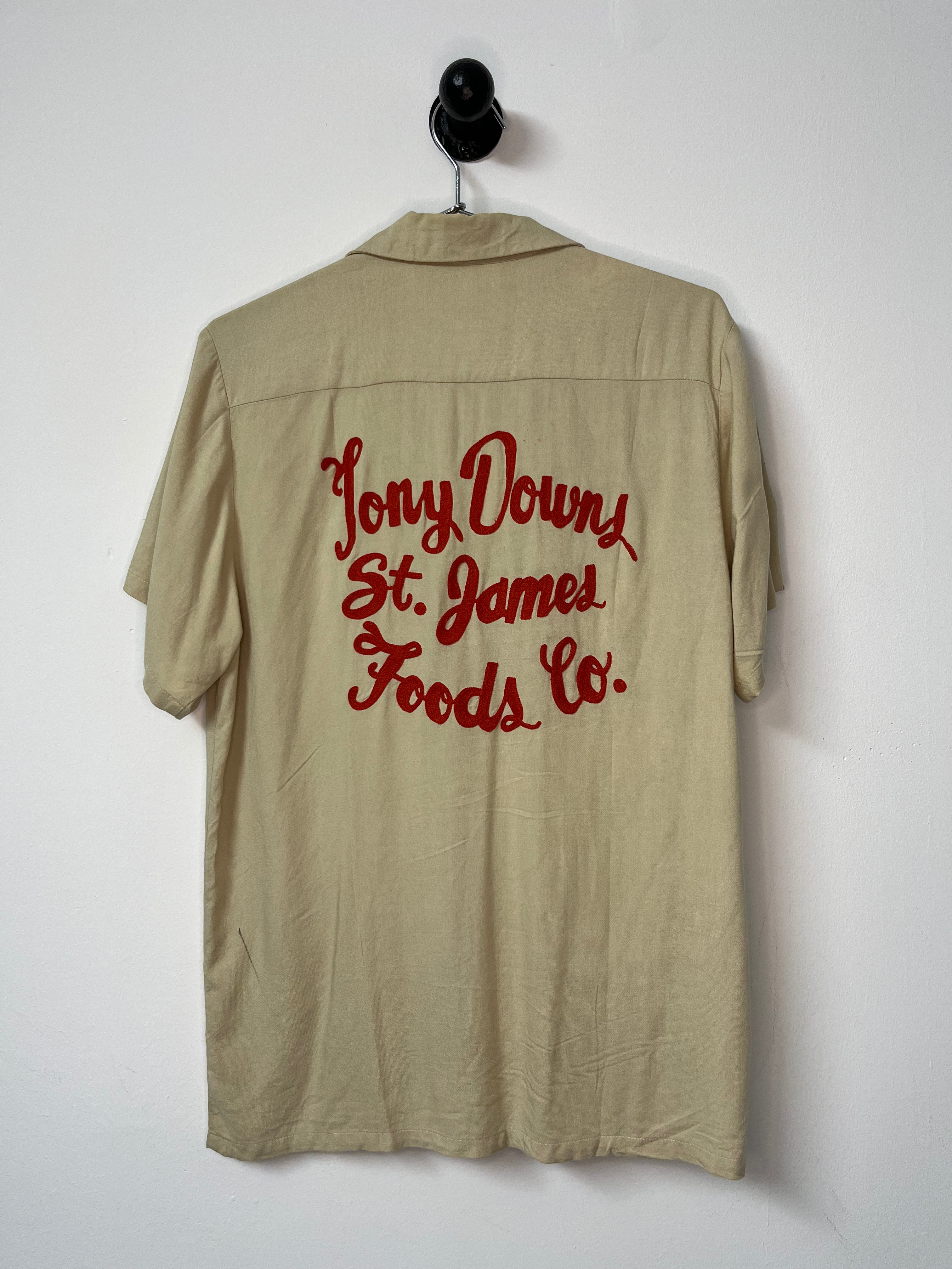 1959-60 Tony Downs Food Co. Loop Collar Bowling Shirt Houston Brand - Sand/Scarlet - M