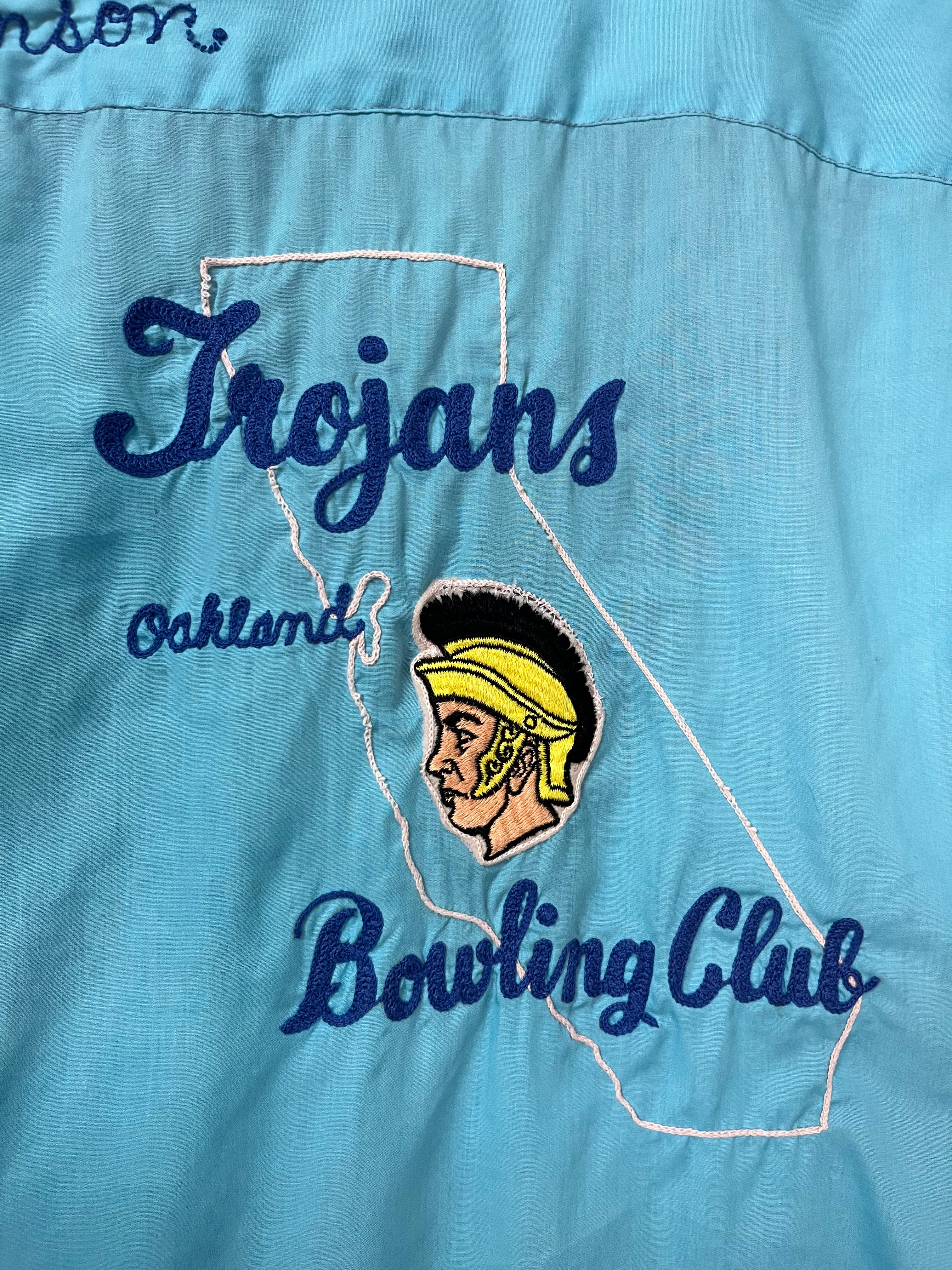 1960s Oakland Trojans Bowling Club Bowling Shirt With Double Layer Collar - Aqua/Blue - M/L