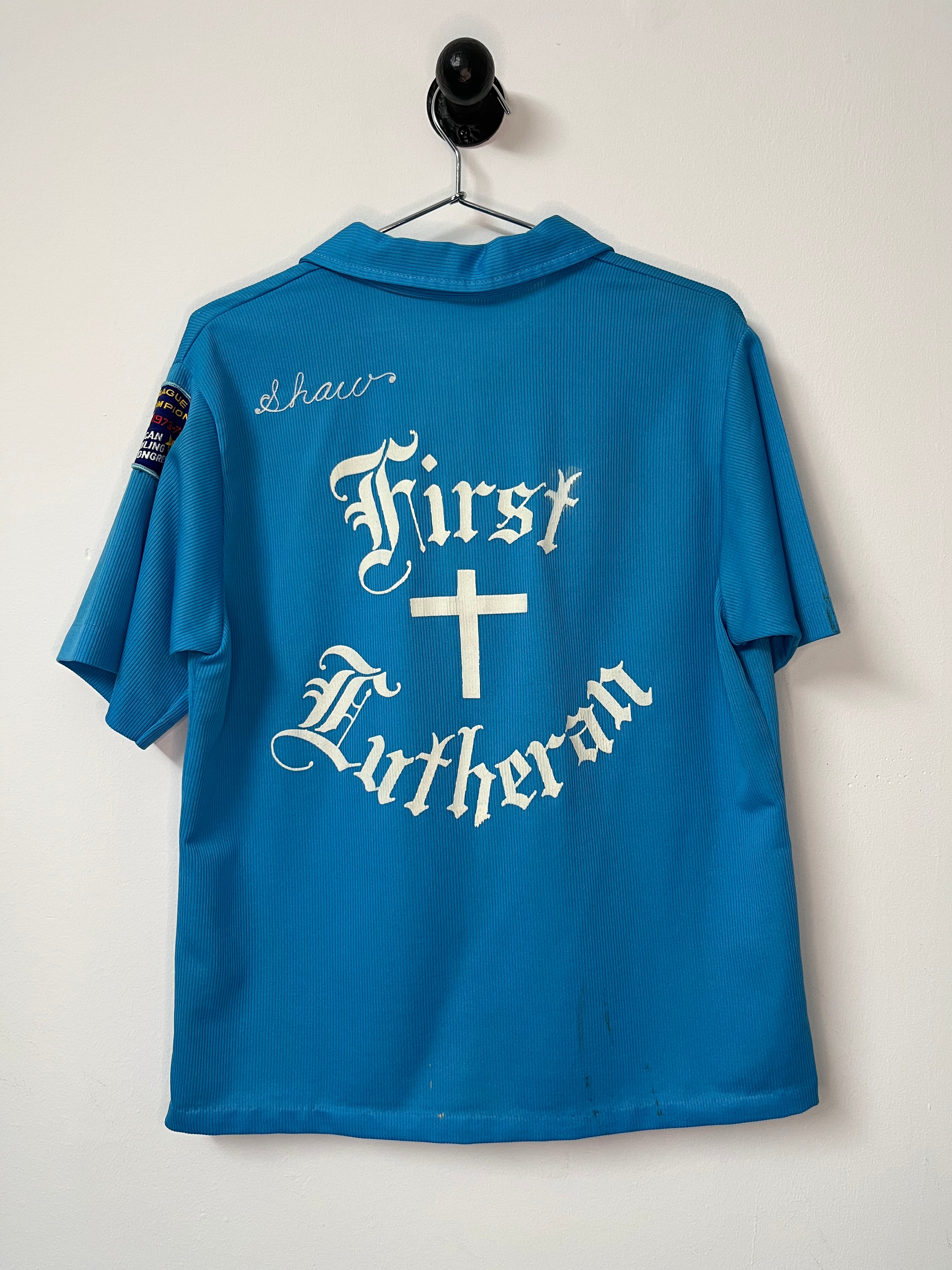 1973 ‘First Lutheran Church’ Quarter Zip Bowling Shirt - Swimming Pool Blue - M/L