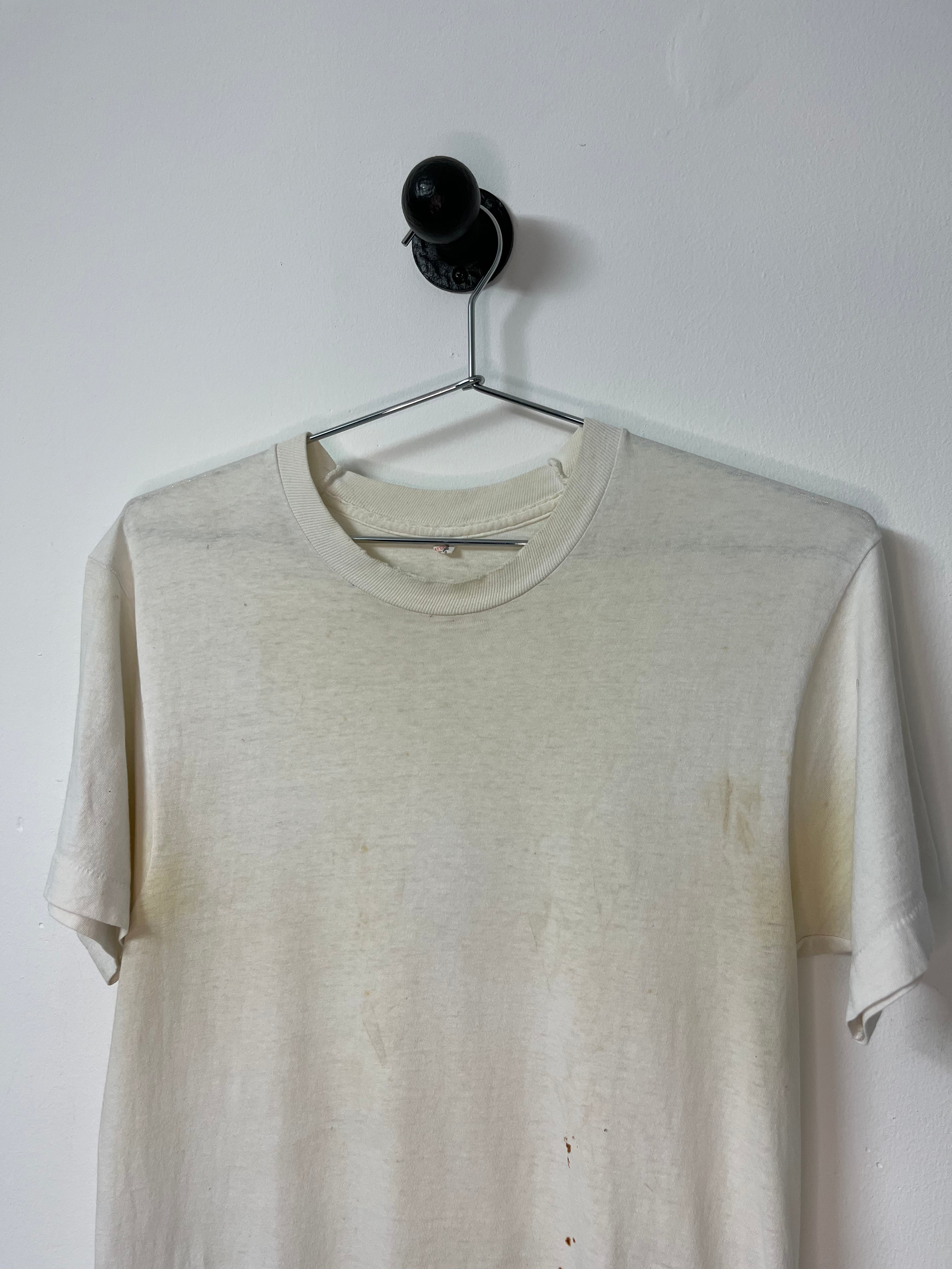 70’s Distressed Blank White T-Shirt - Aged White with Slight Discoloration - M/L Long