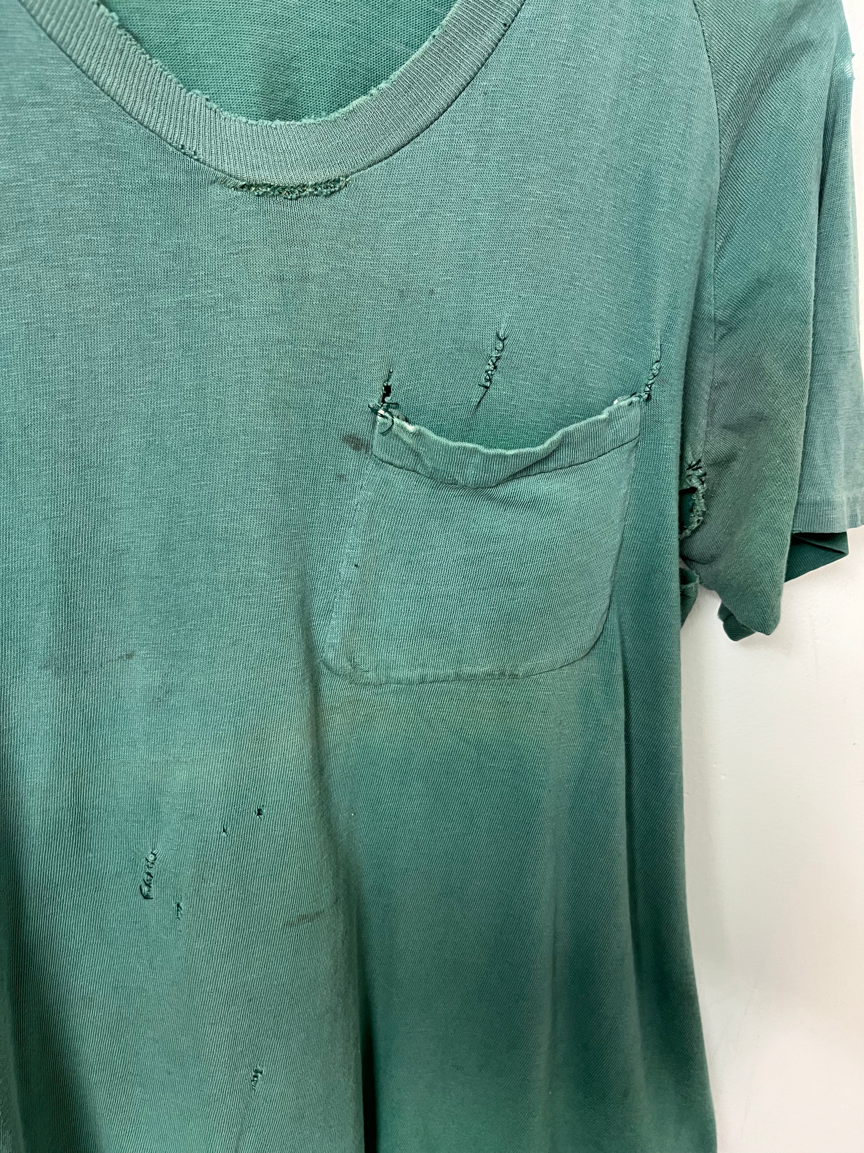 Early 1960s Hanes Distressed & Repaired Raglan Pocket T-Shirt - Faded Green - S