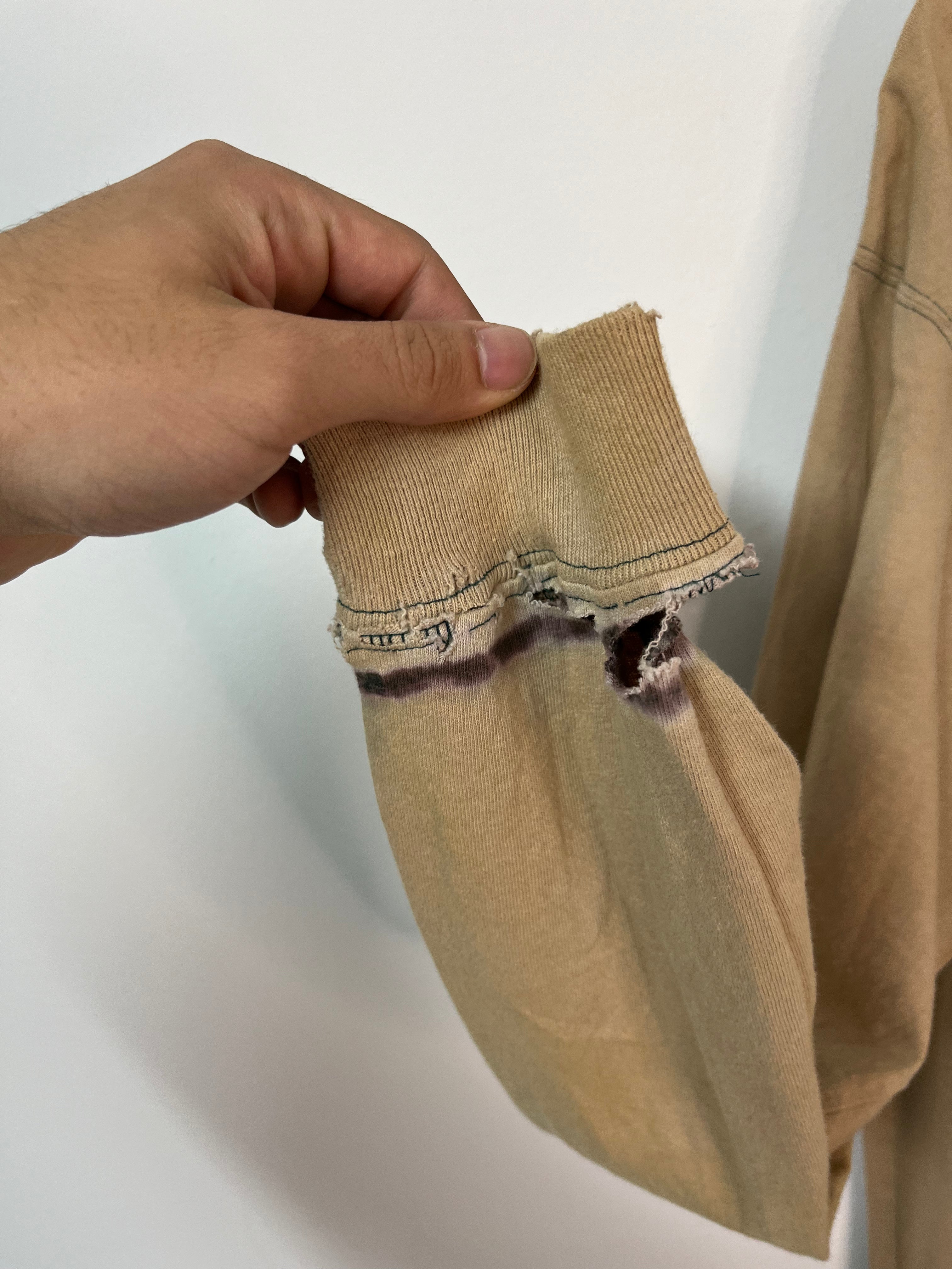 Custom Made Carhartt Distressed Longsleeve Bleached Distressed T-Shirt - Tan/Sand - L/XL