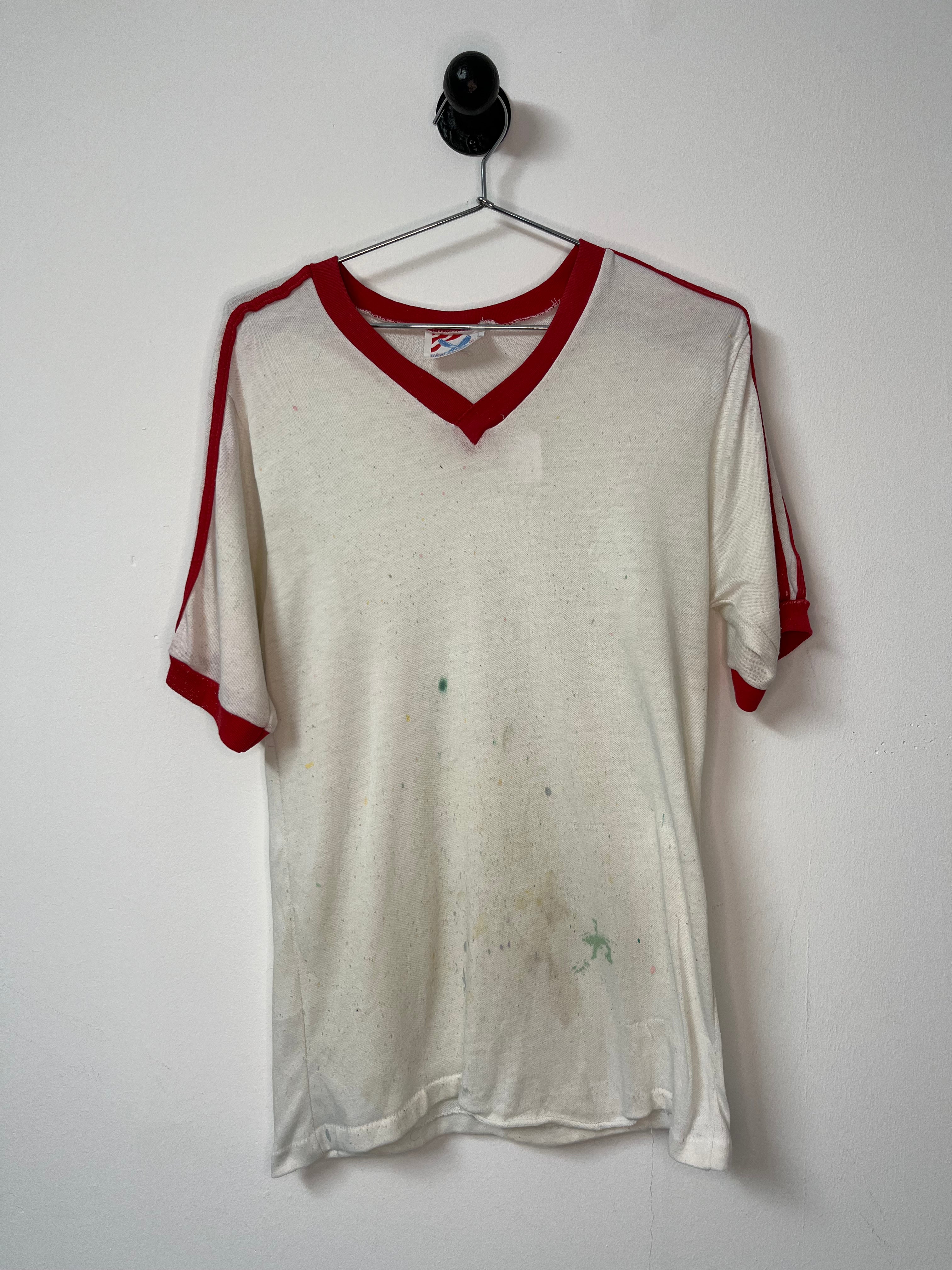 1970s/80s Striped and Trimmed V-Neck Ringer T-Shirt - White/Red - M