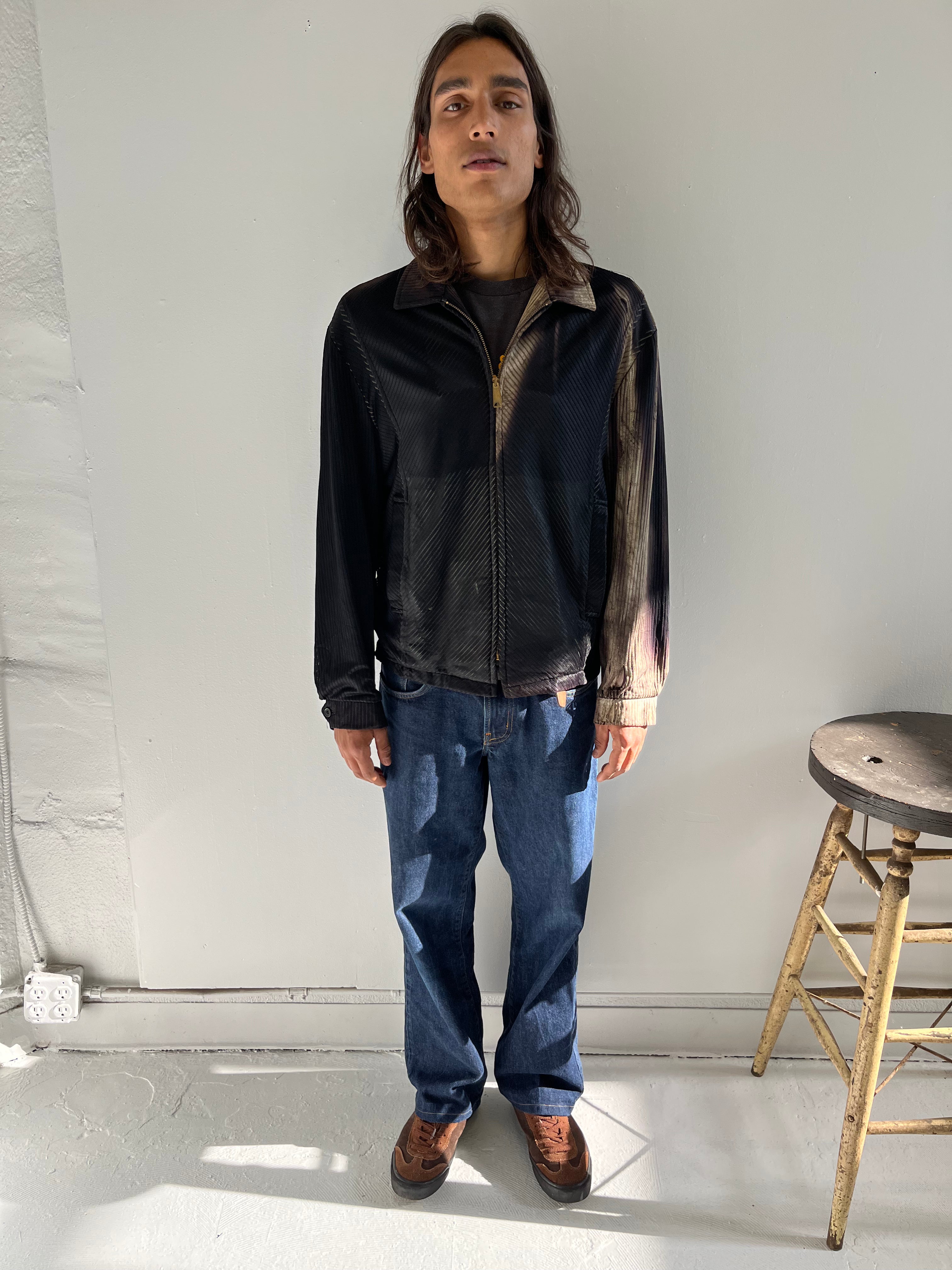 1950s Distressed Zip Jacket with Intense Sun Bleaching - Faded Black & Brown - M/L