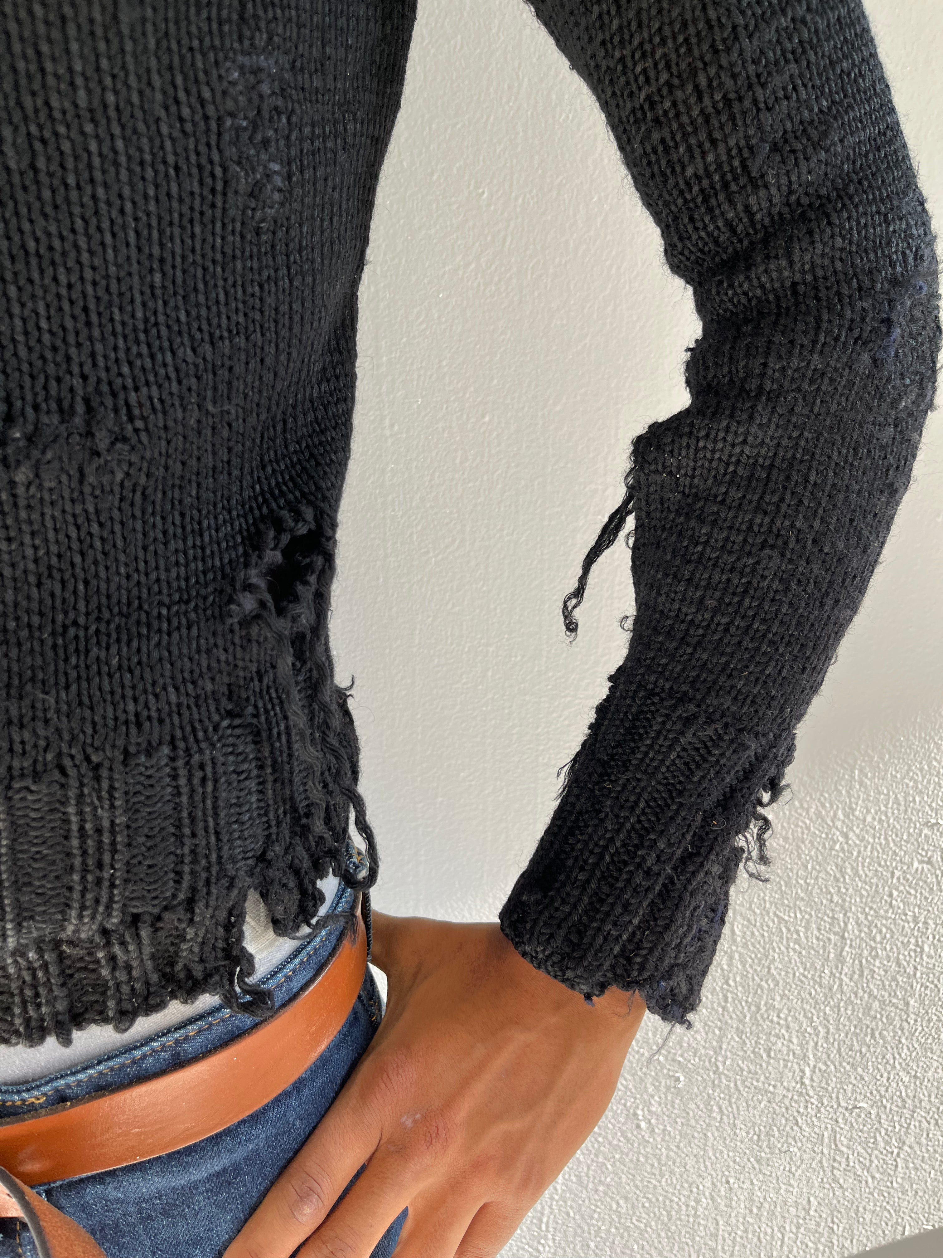 1920s Thrashed & Repaired Black Knit Sweater - Black - S