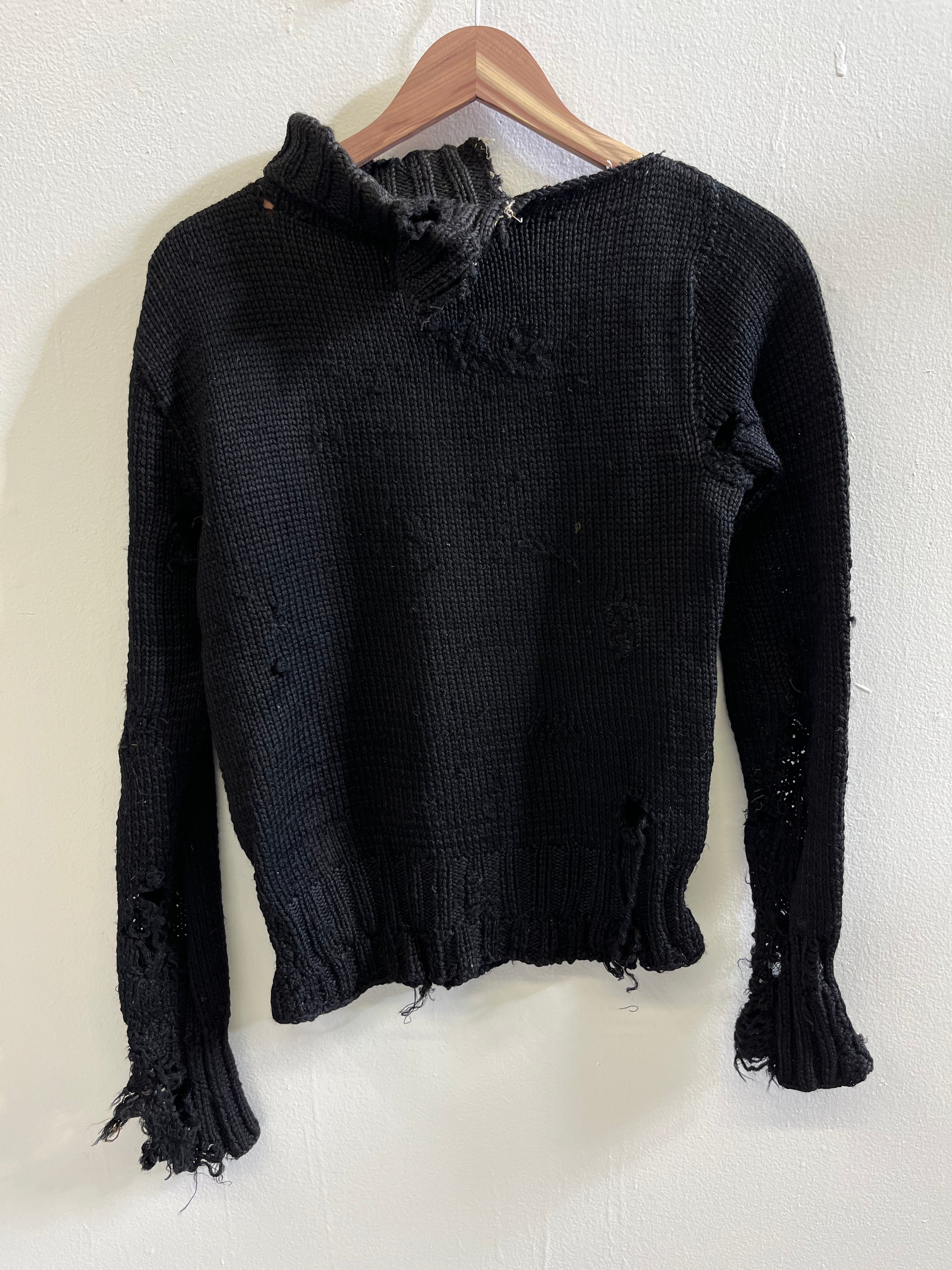 1920s Thrashed & Repaired Black Knit Sweater - Black - S