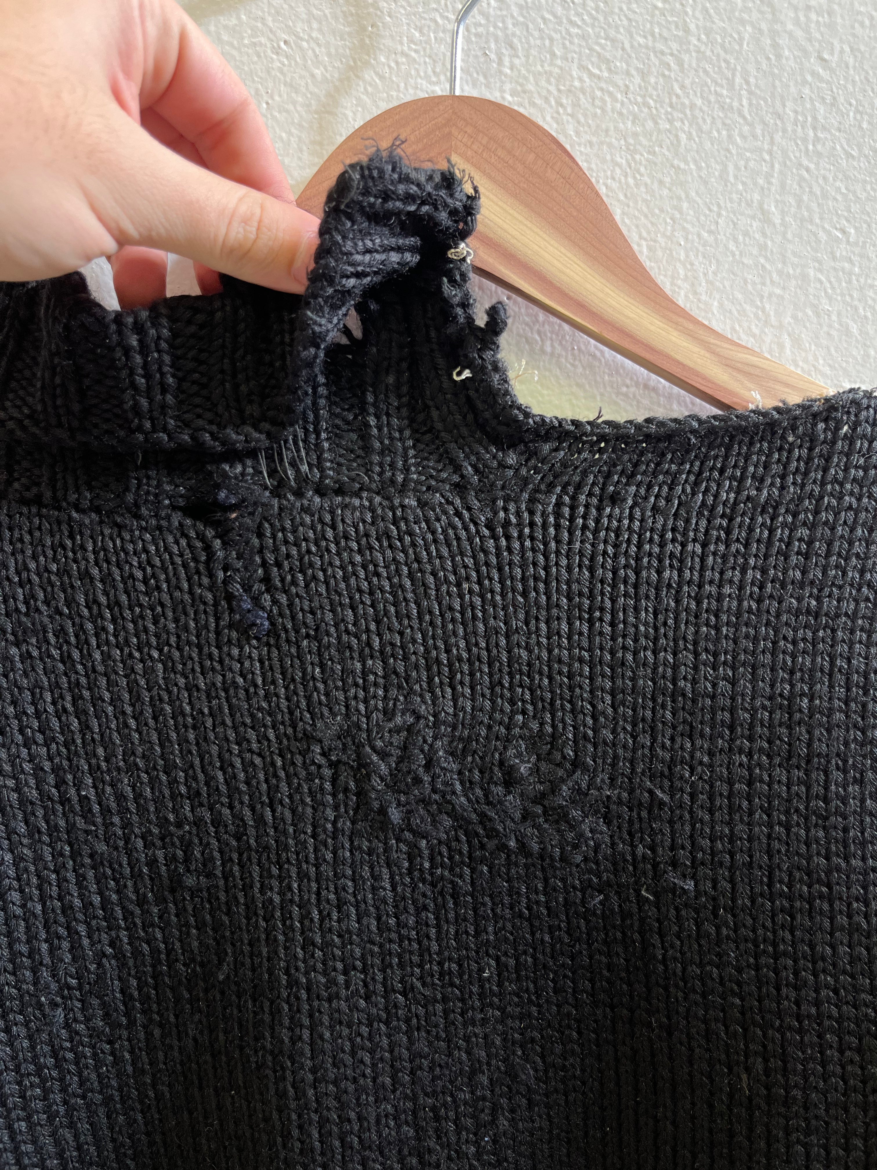 1920s Thrashed & Repaired Black Knit Sweater - Black - S
