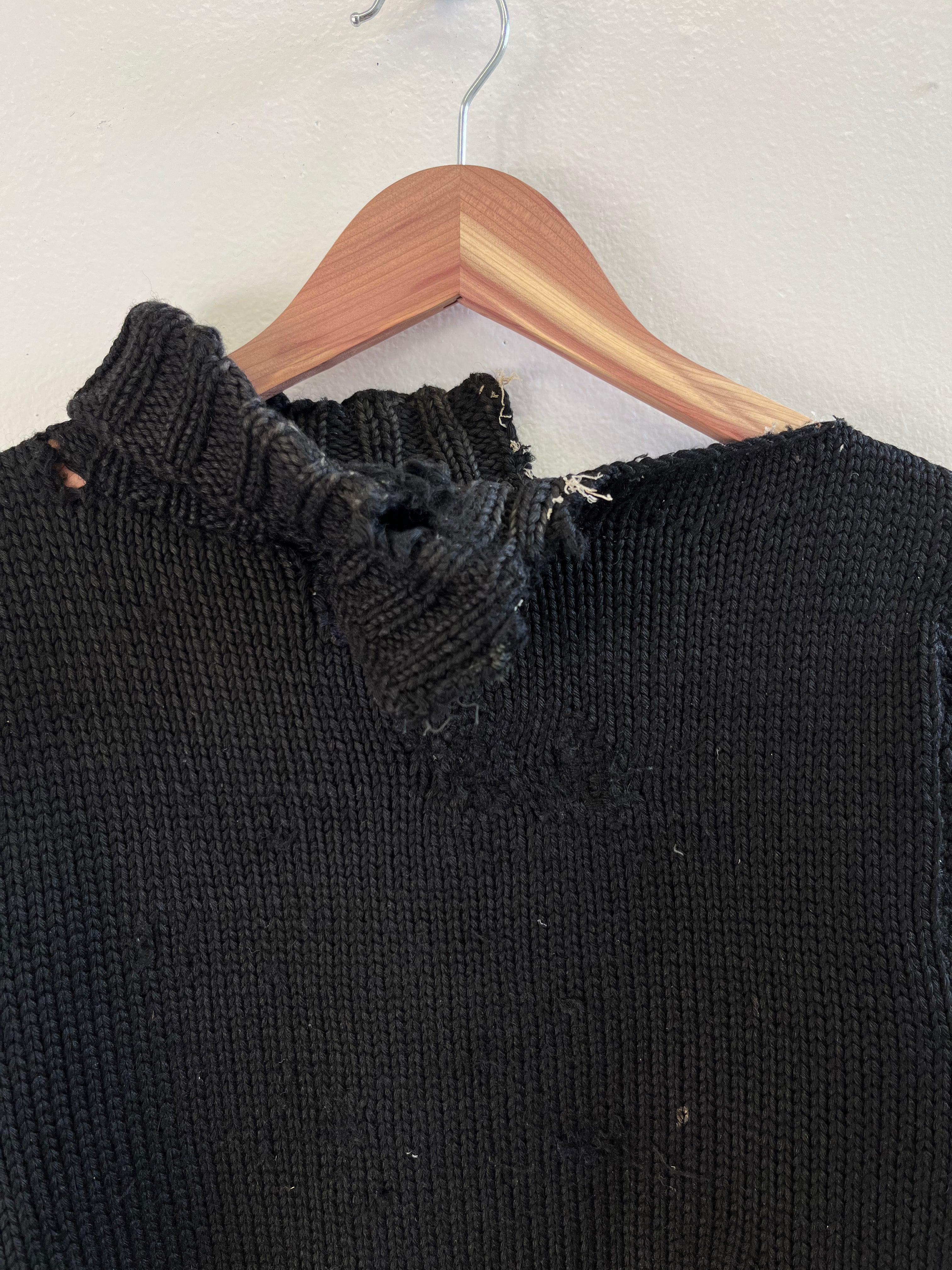 1920s Thrashed & Repaired Black Knit Sweater - Black - S