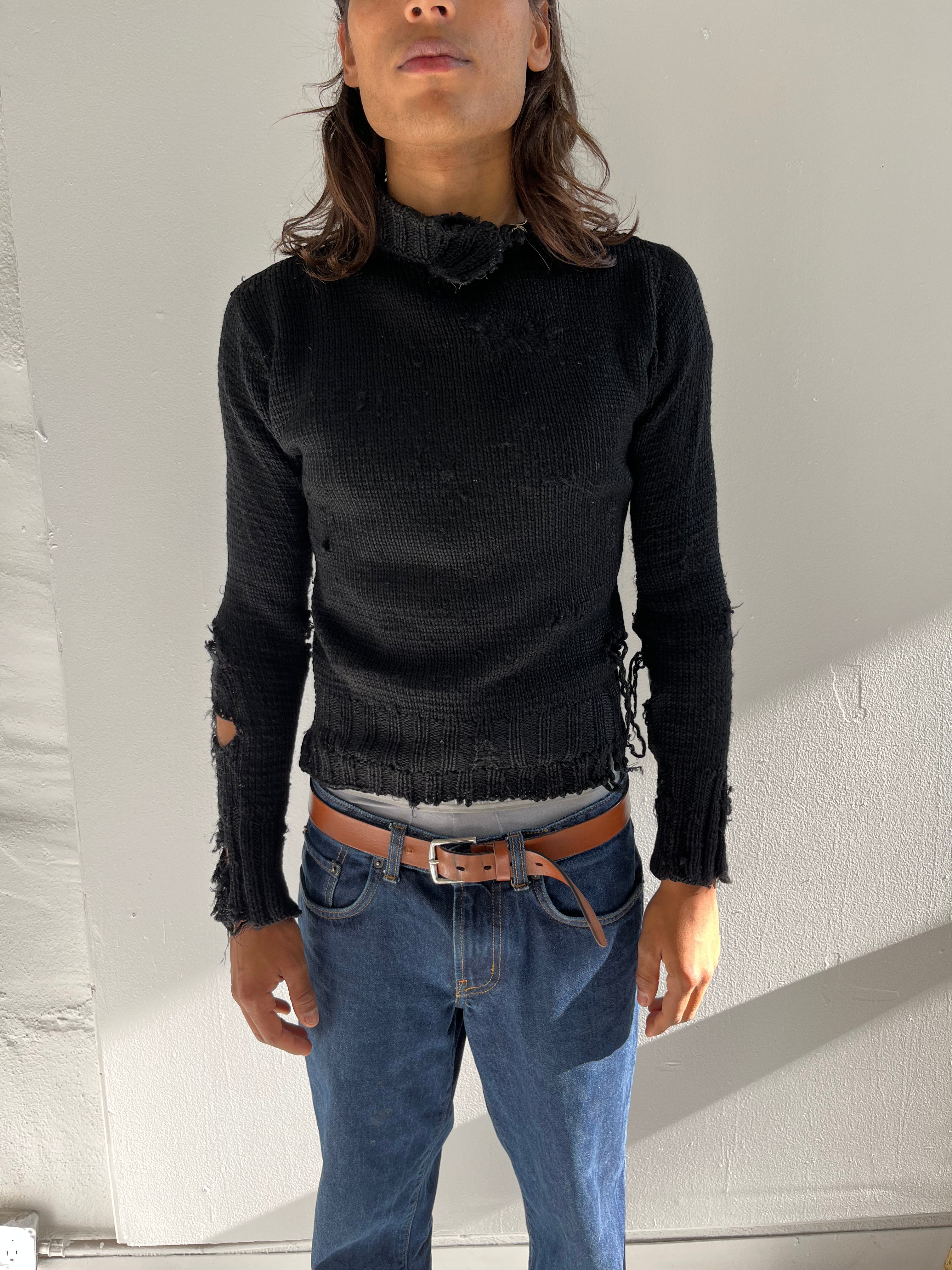 1920s Thrashed & Repaired Black Knit Sweater - Black - S