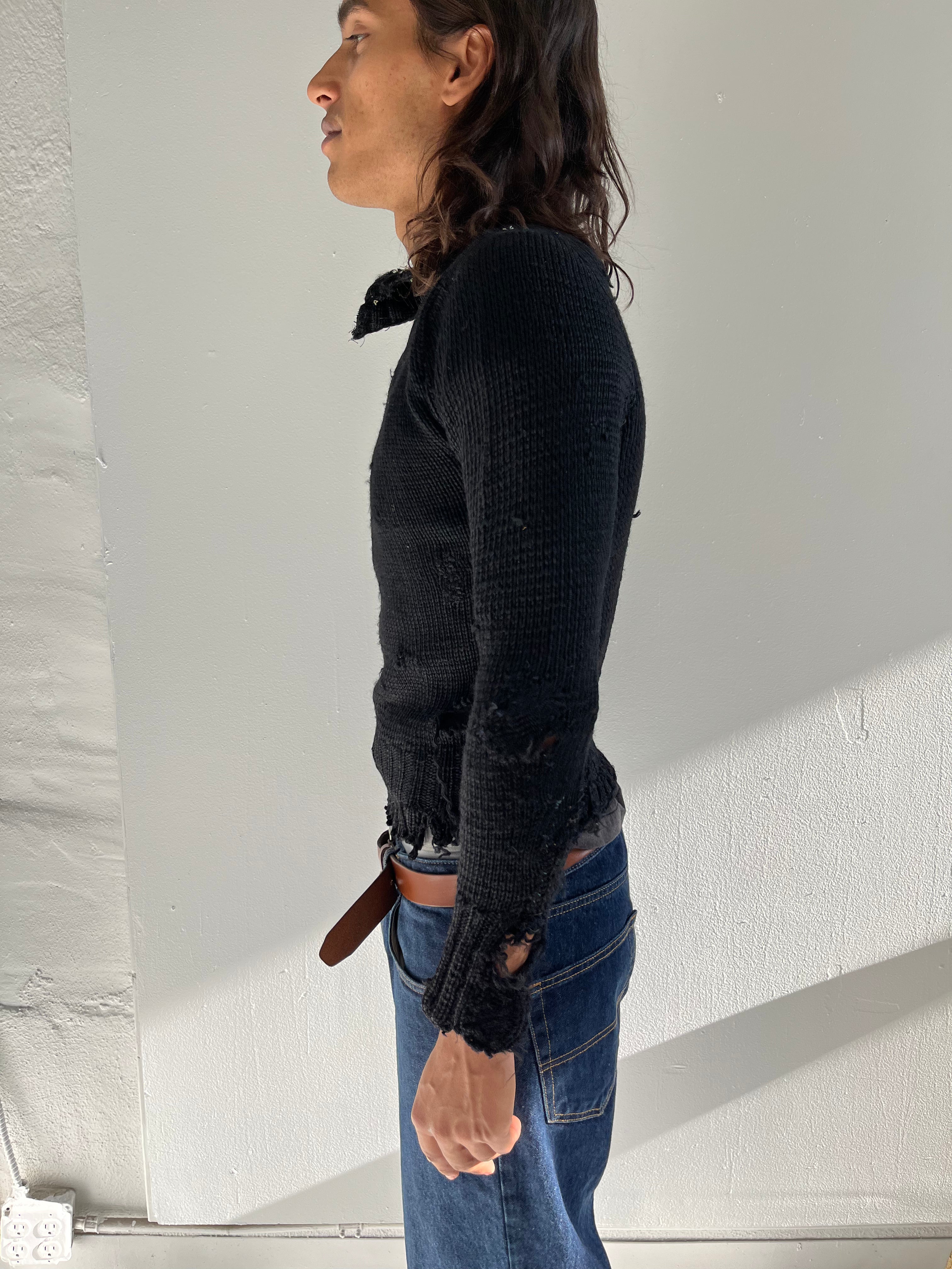 1920s Thrashed & Repaired Black Knit Sweater - Black - S