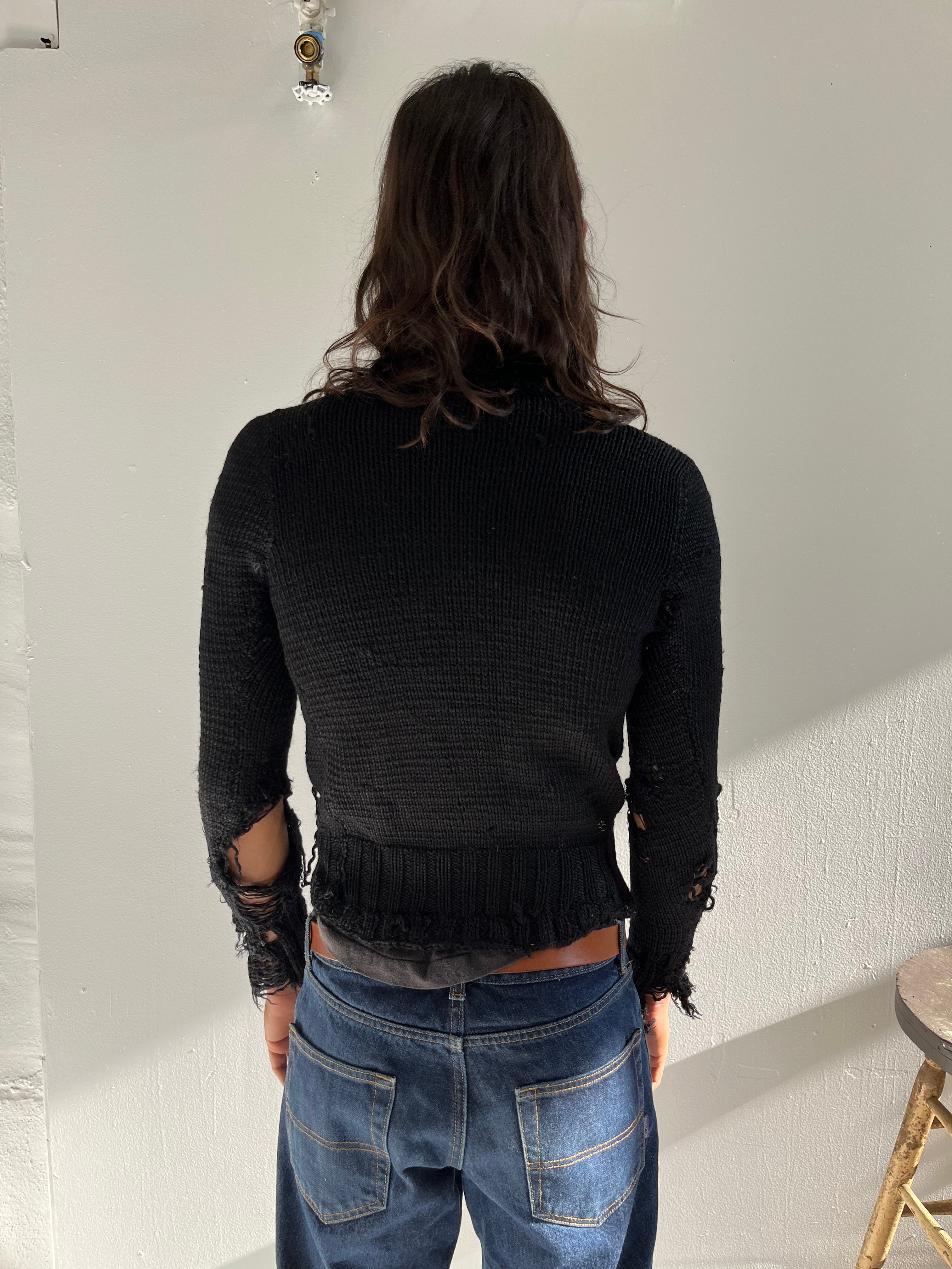 1920s Thrashed & Repaired Black Knit Sweater - Black - S