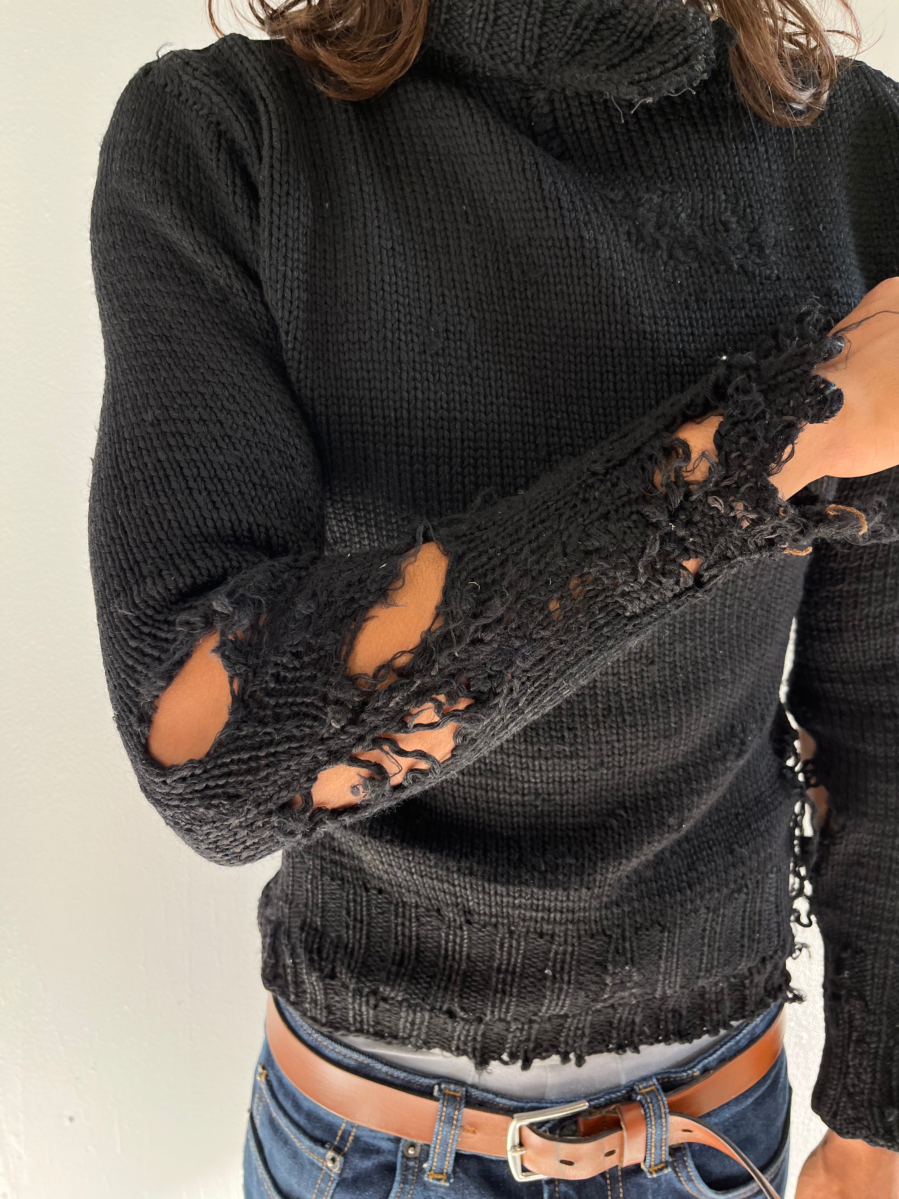 1920s Thrashed & Repaired Black Knit Sweater - Black - S
