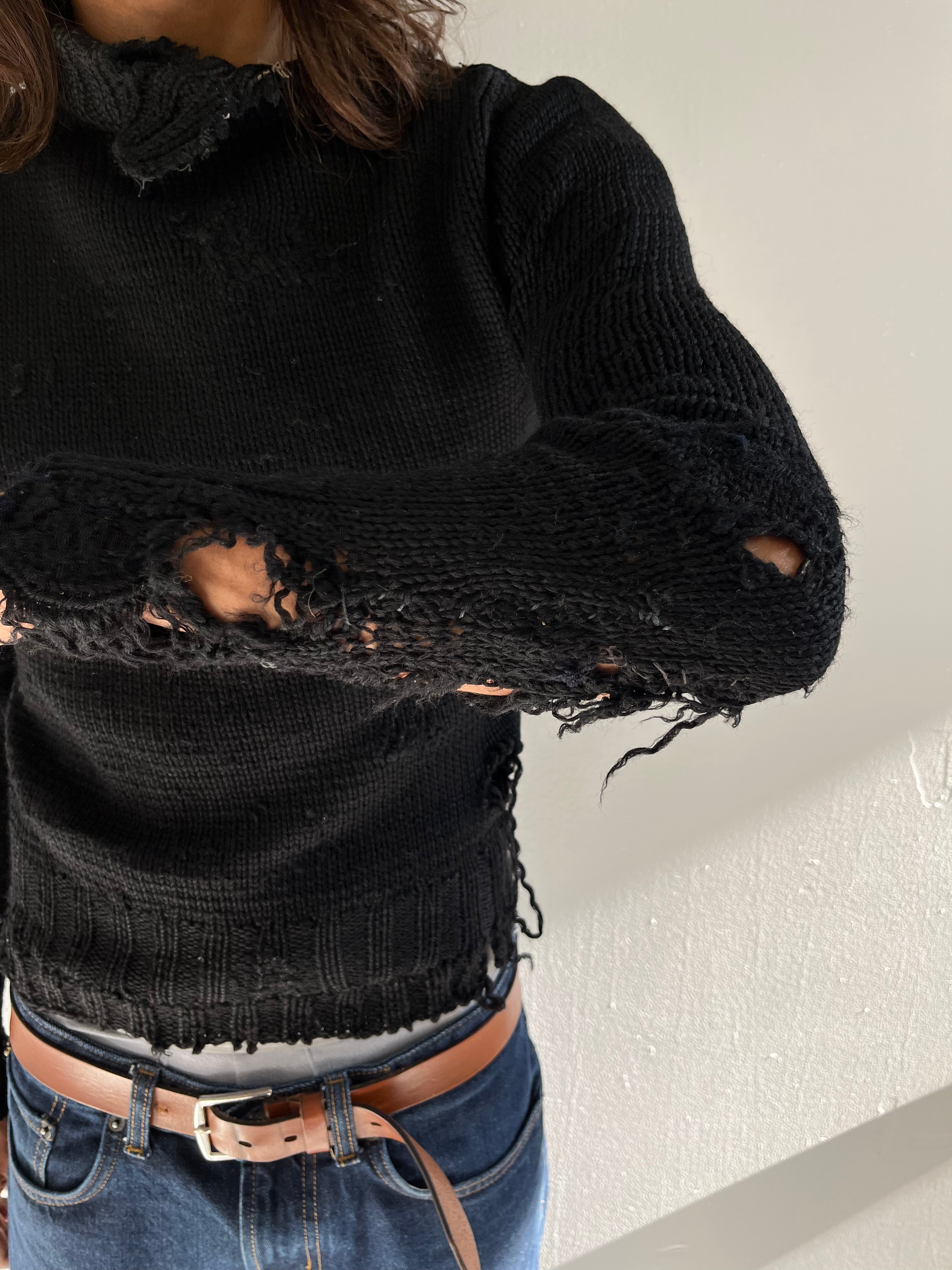 1920s Thrashed & Repaired Black Knit Sweater - Black - S